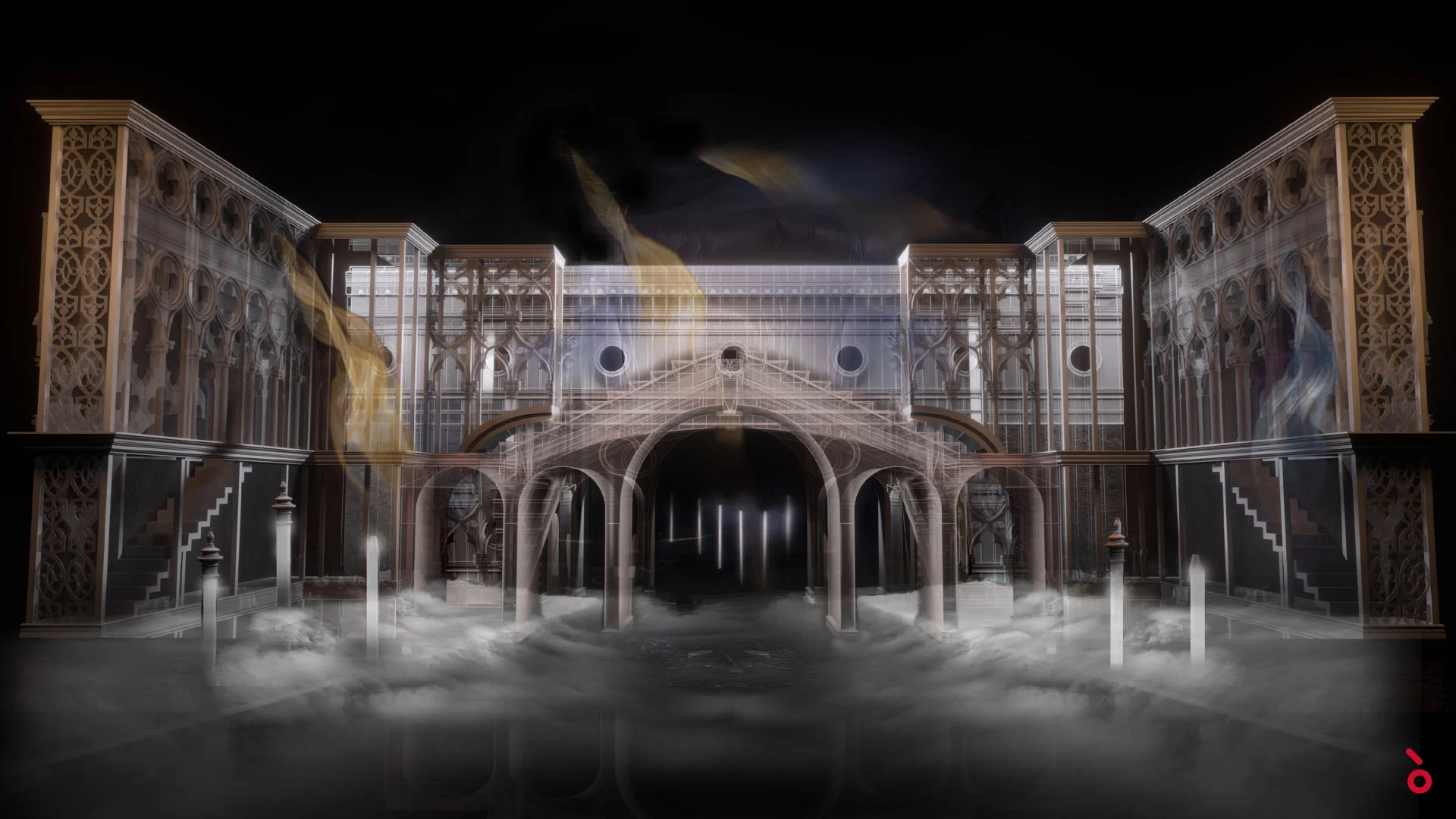Render della scenografia veneziana: facciate gotiche e un ponte ad arco sull'acqua nebbiosa, illuminati da pali d'ormeggio chiari – La Gioconda al Teatro alla Scala, Milano, Italia, 2022 – scenografia d'opera
