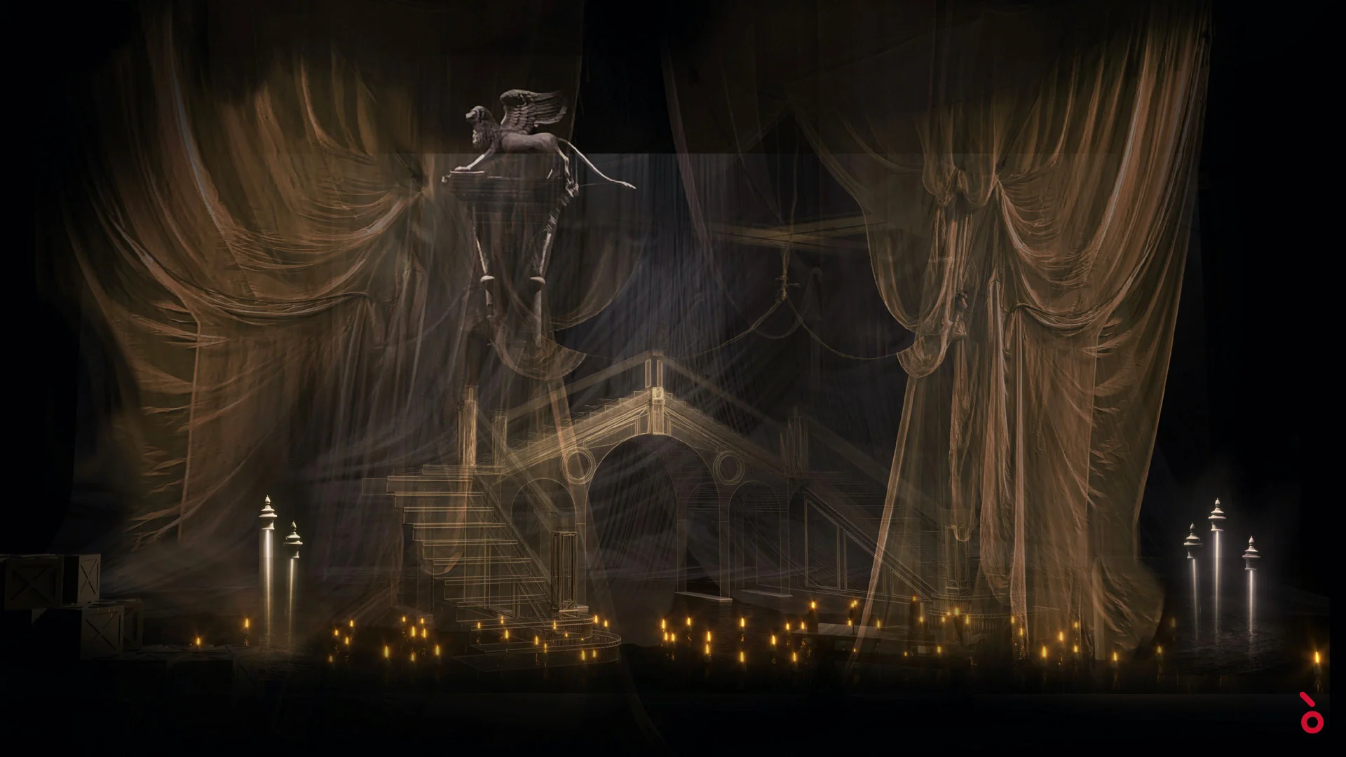 Render di un ponte e una scalinata dietro drappi dorati, un leone alato in alto e candele sul pavimento – La Gioconda al Teatro alla Scala, Milano, Italia, 2022 – scenografia d'opera