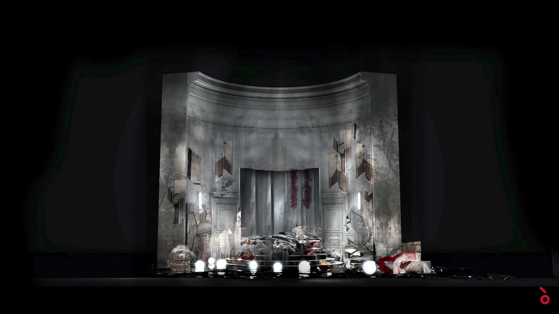 Render della scenografia con una parete grigia curva, un'apertura centrale drappeggiata e mobili ammassati sul davanti – La Traviata al Maggio Musicale Fiorentino, Firenze, Italia, 2022 – scenografia d'opera