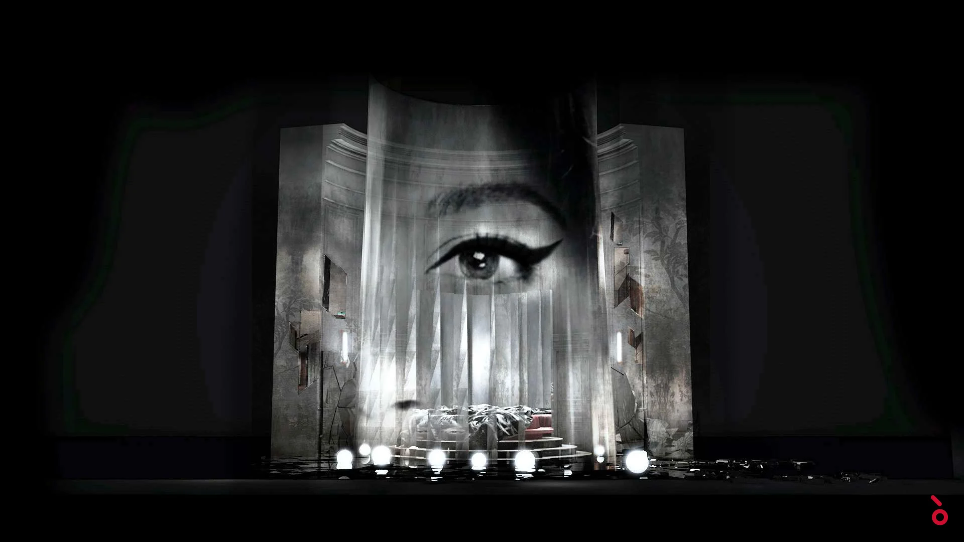 Render della scenografia: parete grigia curva con un enorme occhio proiettato sopra un cumulo di mobili e luci di ribalta – La Traviata al Maggio Musicale Fiorentino, Firenze, Italia, 2022 – scenografia d'opera