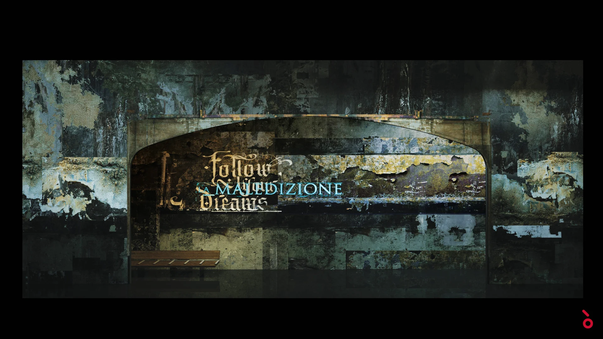Render di un muro scrostato sotto un arco con le scritte Follow Your Dreams e Maledizione e una panchina – Rigoletto al Maggio Musicale Fiorentino, Firenze, Italia, 2021 – scenografia d'opera