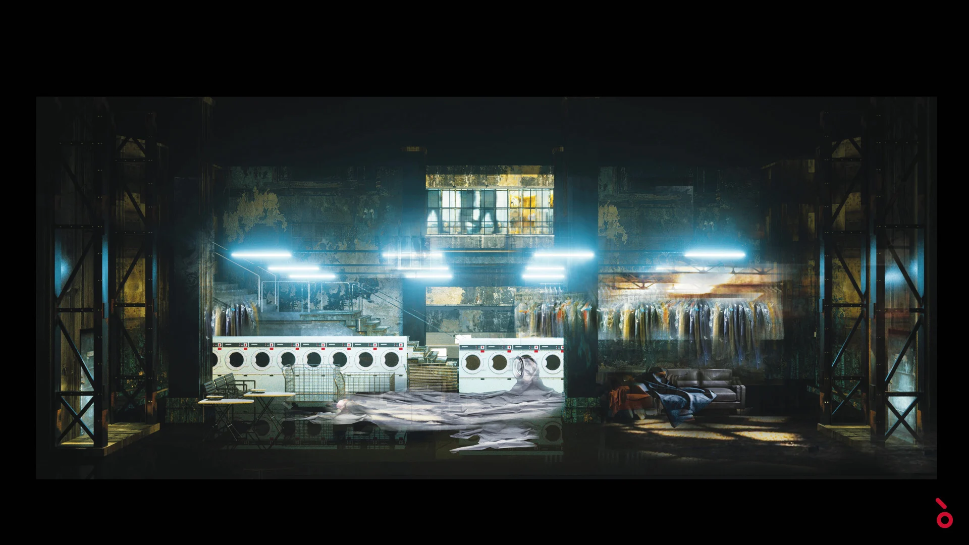 Render di una scenografia a lavanderia a gettoni con file di lavatrici, abiti appesi e tubi al neon blu – Rigoletto al Maggio Musicale Fiorentino, Firenze, Italia, 2021 – scenografia d'opera