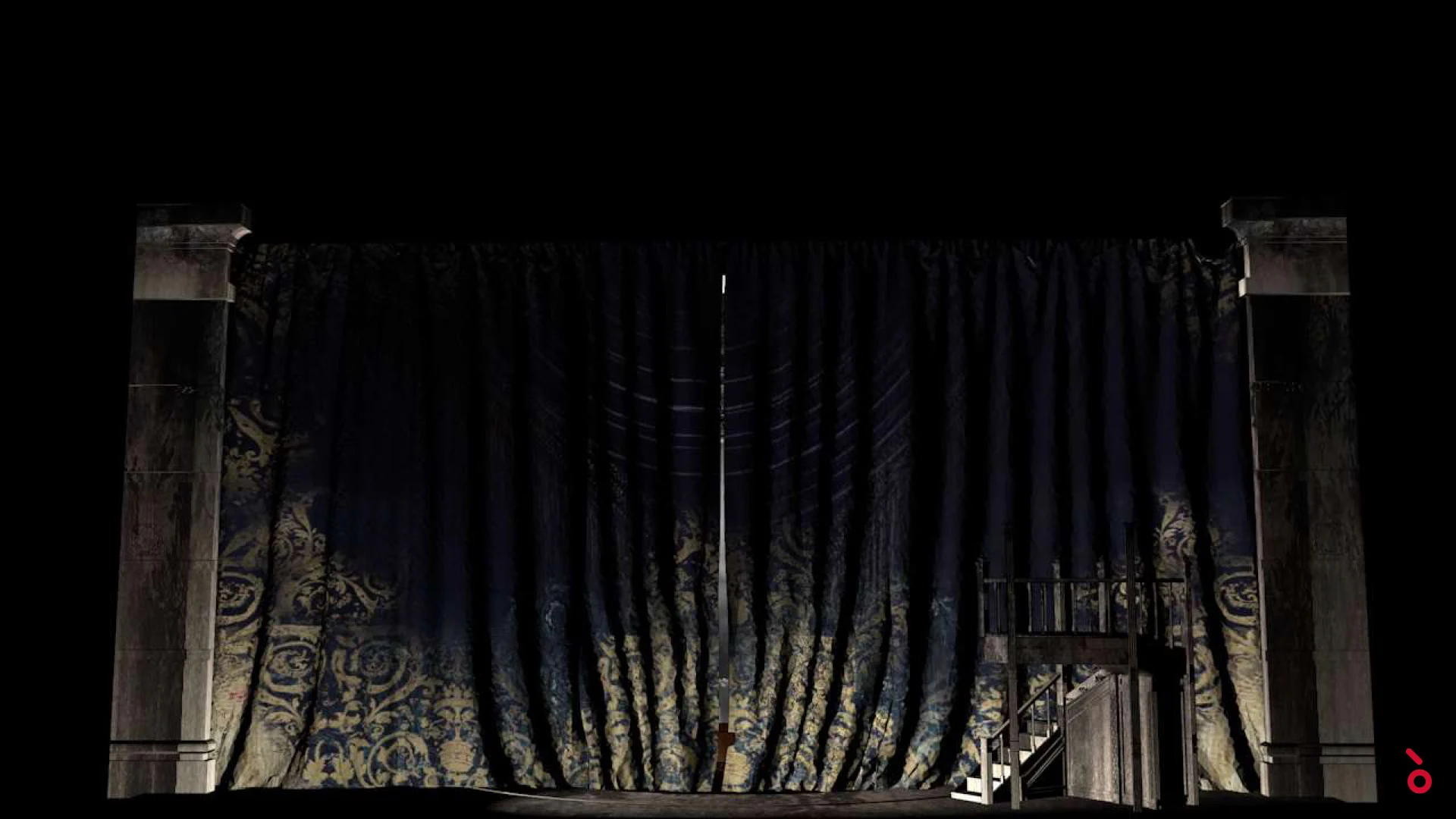 Render di un sipario scuro a motivi floreali dorati tra due pilastri in pietra, una scalinata a destra – Luisa Fernanda al Teatro de la Zarzuela, Madrid, Spagna, 2021 – scenografia d'opera