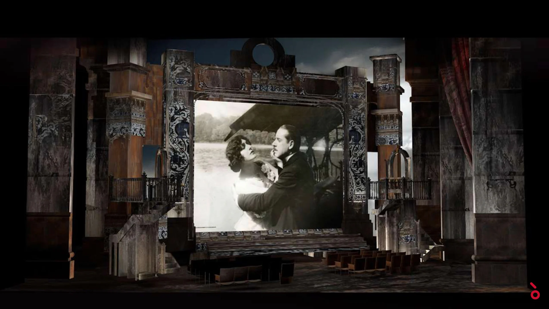Render della scenografia del cinema con un fotogramma in bianco e nero di una coppia sullo schermo e file di poltrone – Luisa Fernanda al Teatro de la Zarzuela, Madrid, Spagna, 2021 – scenografia d'opera