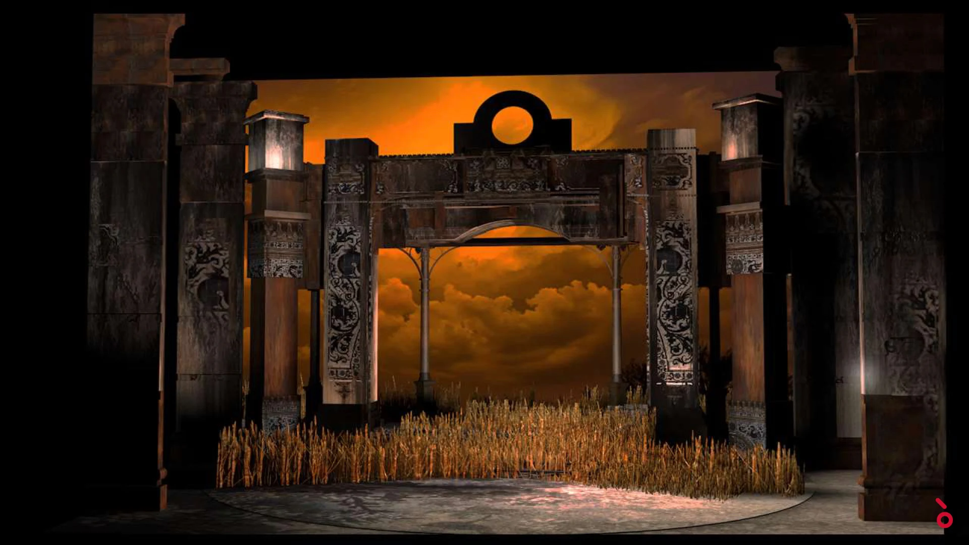 Render del portale scolpito contro un cielo nuvoloso arancione, con un campo di grano davanti – Luisa Fernanda al Teatro de la Zarzuela, Madrid, Spagna, 2021 – scenografia d'opera