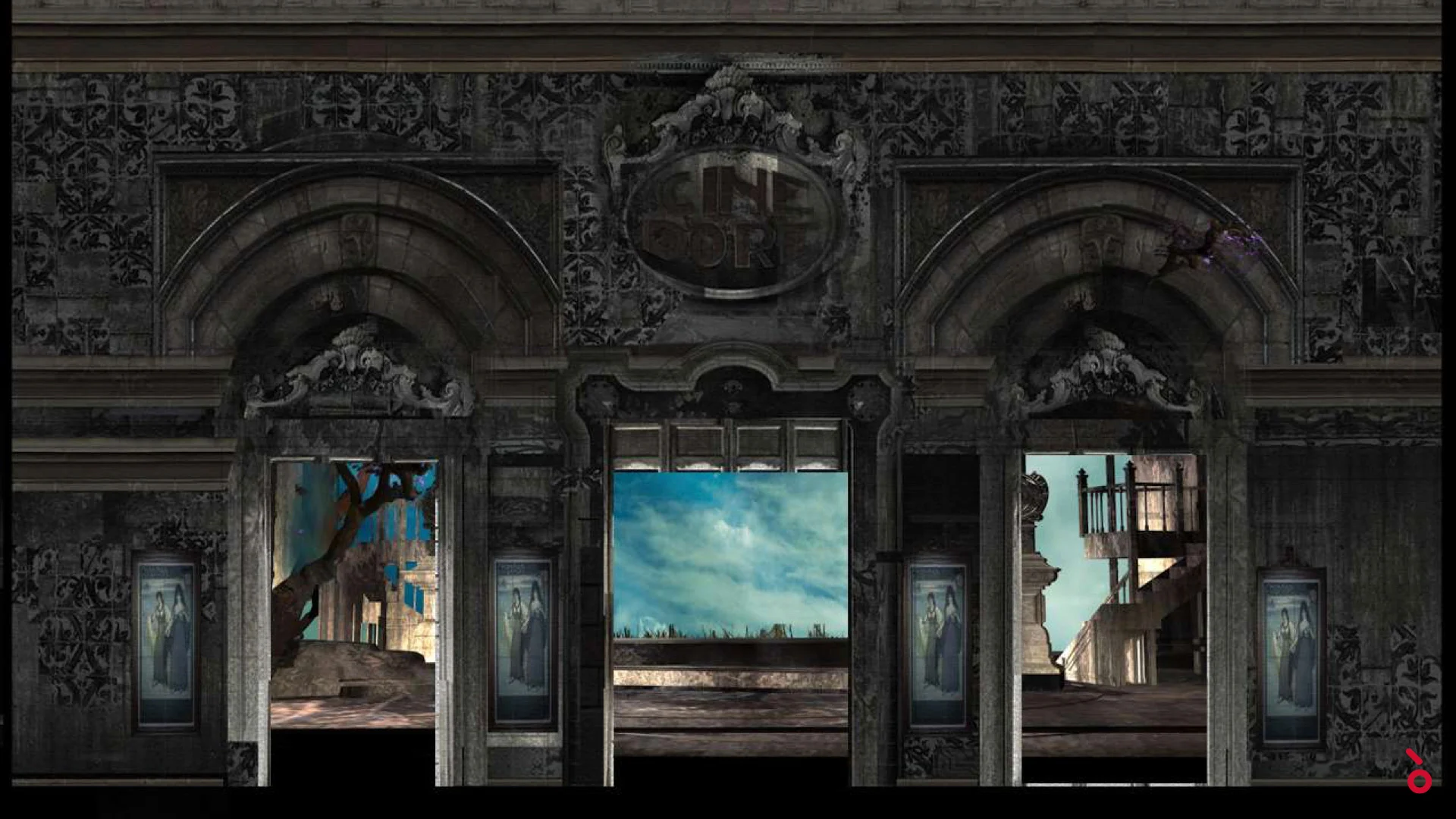 Render dell'ornata facciata del cinema con tre aperture su cielo e vedute di una città in rovina – Luisa Fernanda al Teatro de la Zarzuela, Madrid, Spagna, 2021 – scenografia d'opera
