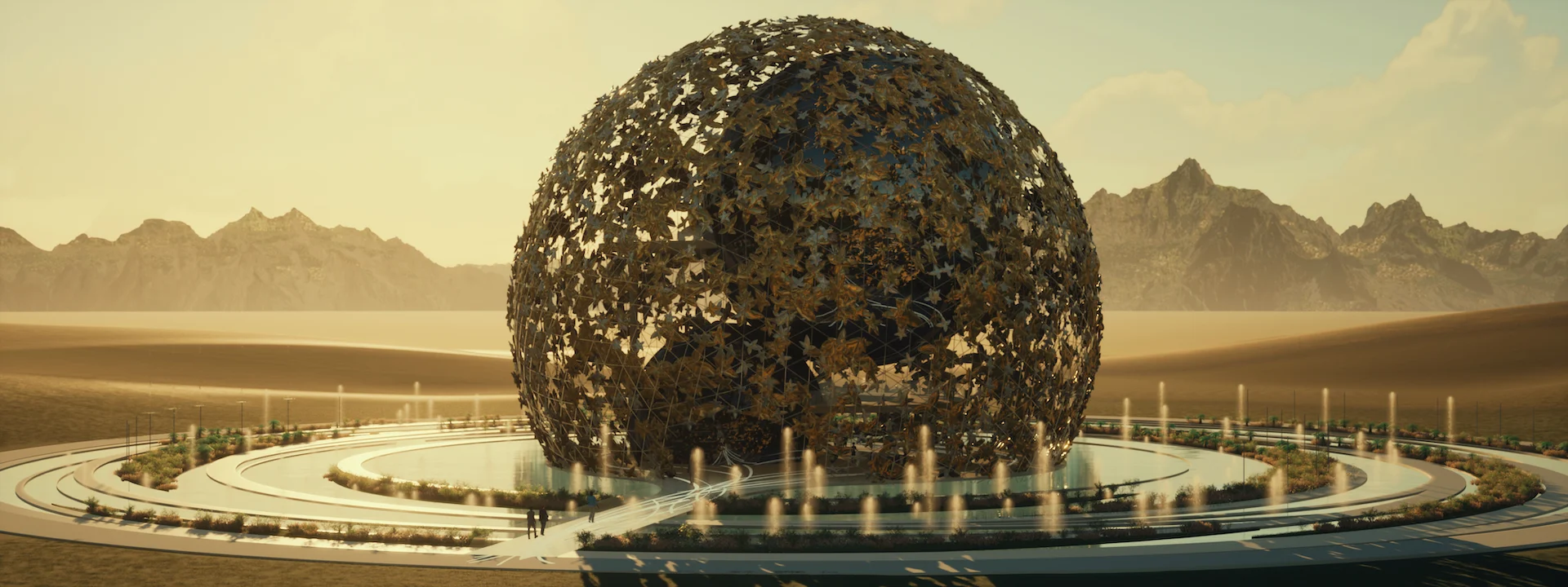 Ampio render del globo in una valle desertica, circondato da percorsi circolari e fontane, montagne sullo sfondo – Museo del profumo, 2022 – architettura, concept