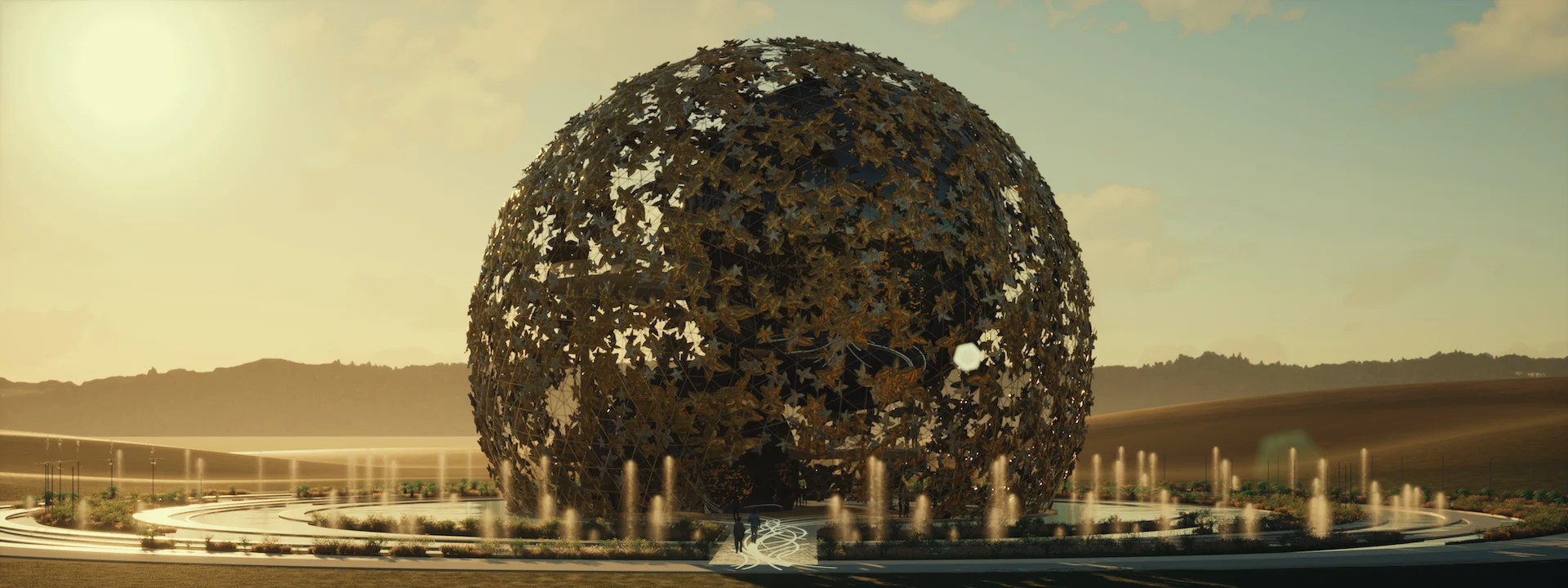 Render del globo in una pianura ondulata, il guscio scuro traforato illuminato da un sole basso velato – Museo del profumo, 2022 – architettura, concept
