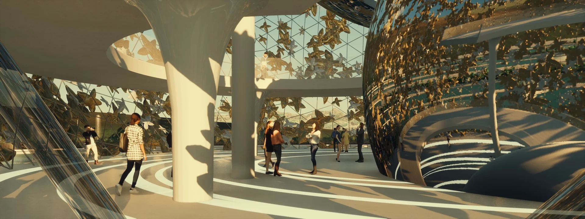 Render dell'interno: visitatori tra colonne bianche sotto una copertura vetrata a motivi di rose e una sfera a specchio – Museo del profumo, 2022 – architettura, concept