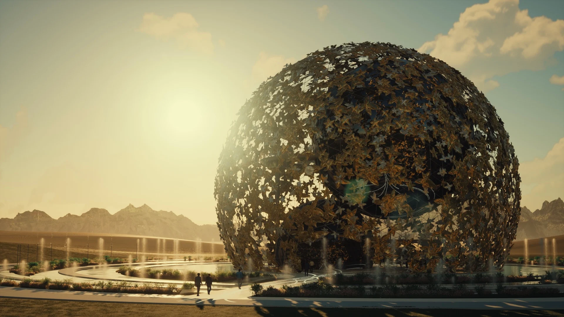 Render del globo traforato di elementi a forma di rosa in pieno sole, tra fontane e montagne – Museo del profumo, 2022 – architettura, concept