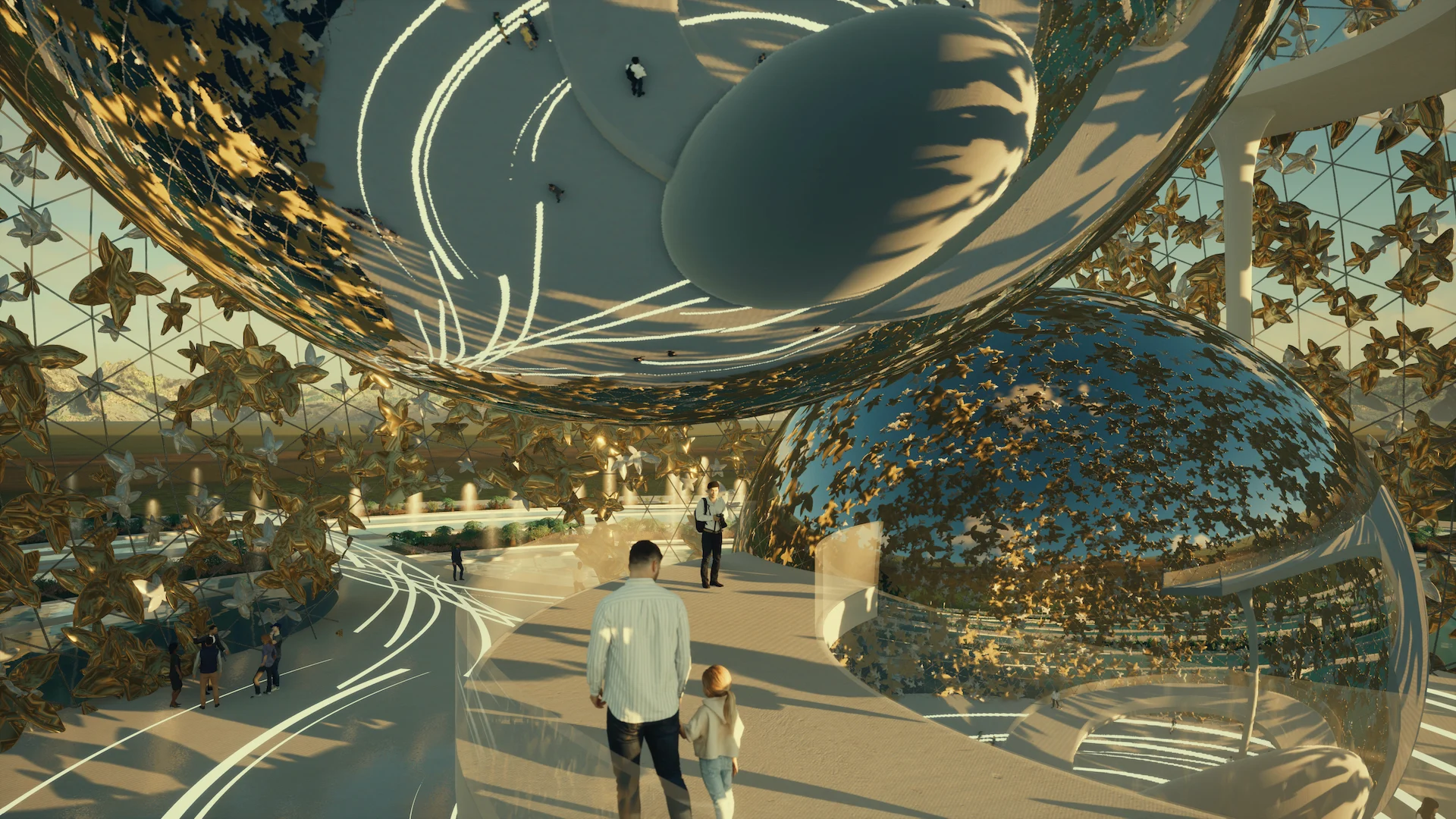 Render dell'interno con sfere a specchio coperte di rose dorate sospese sopra passerelle curve e visitatori – Museo del profumo, 2022 – architettura, concept