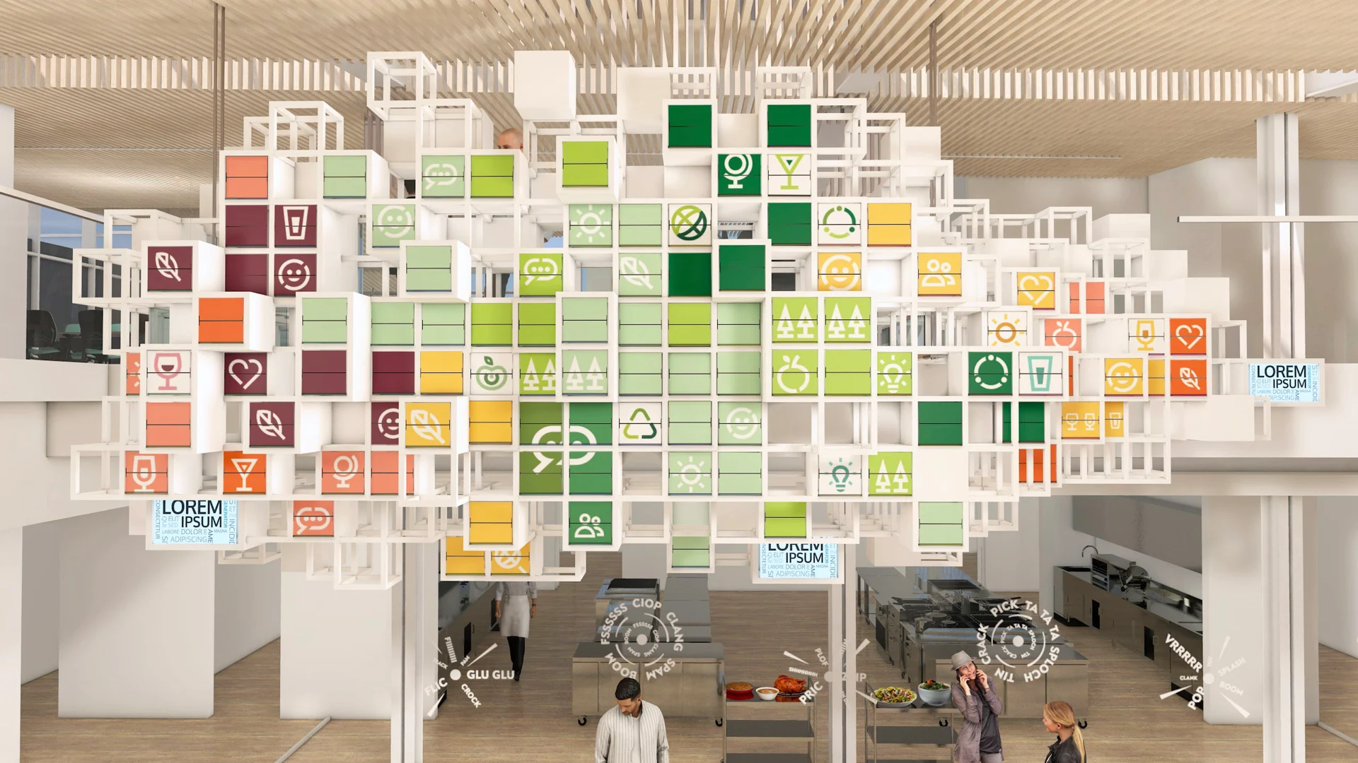 Render de La Nuvola sopra l'area cucina: una nuvola di cubi bianchi con icone di cibo verdi, arancioni e rosse – La Nuvola al Cirfood District, Reggio Emilia, Italia, 2022 – progettazione di installazioni cinetiche