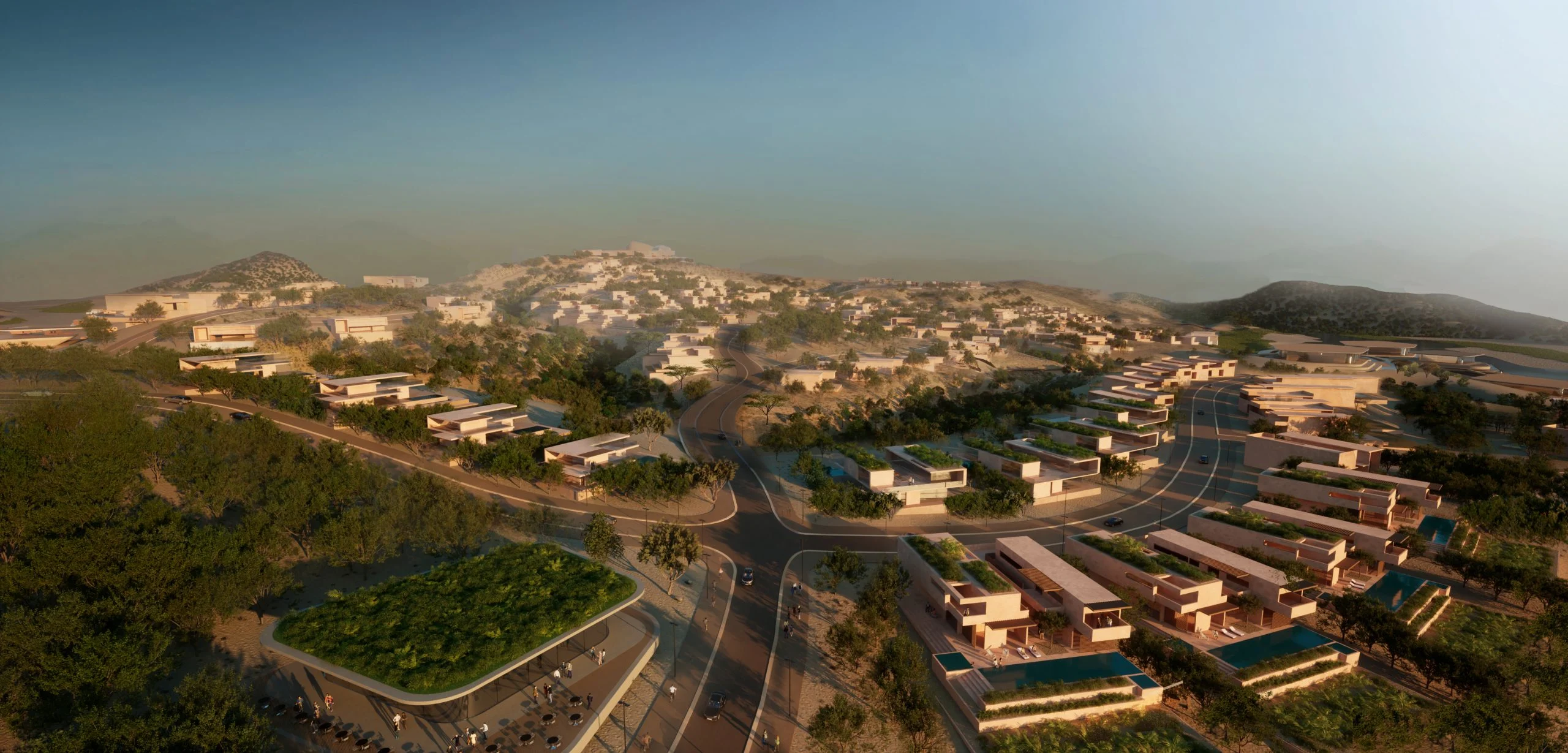 Render aereo di un quartiere residenziale con case a schiera dal tetto piano e un tetto verde piantumato – Bausher Heights, Muscat, Oman, 2022 – masterplan, concorso
