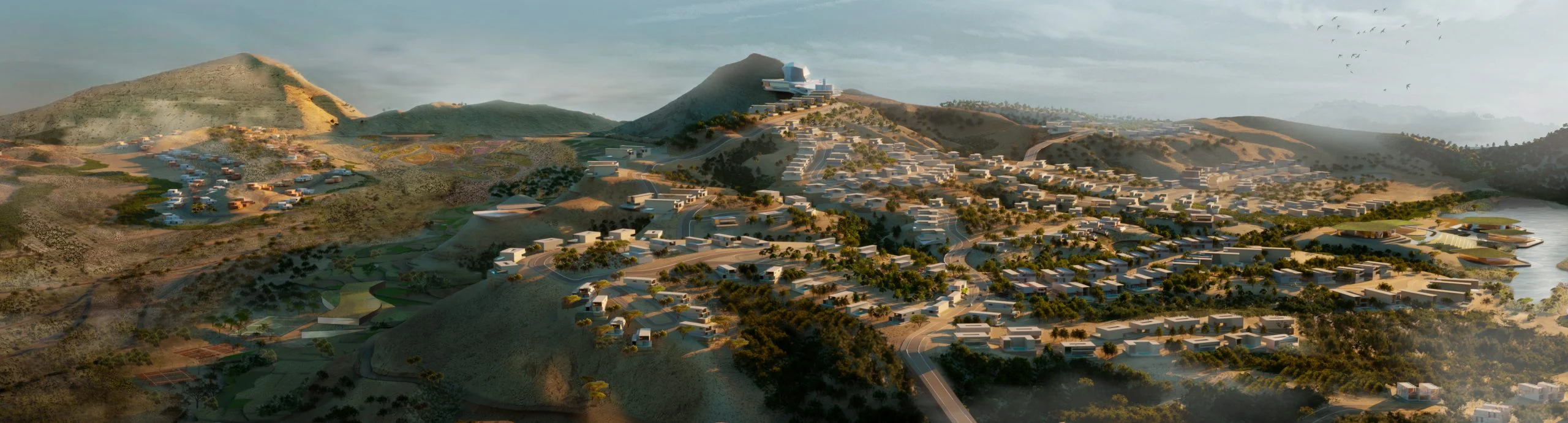 Render panoramico di villaggi collinari e terrazze verdi, un edificio bianco in cima a un picco – Bausher Heights, Muscat, Oman, 2022 – masterplan, concorso