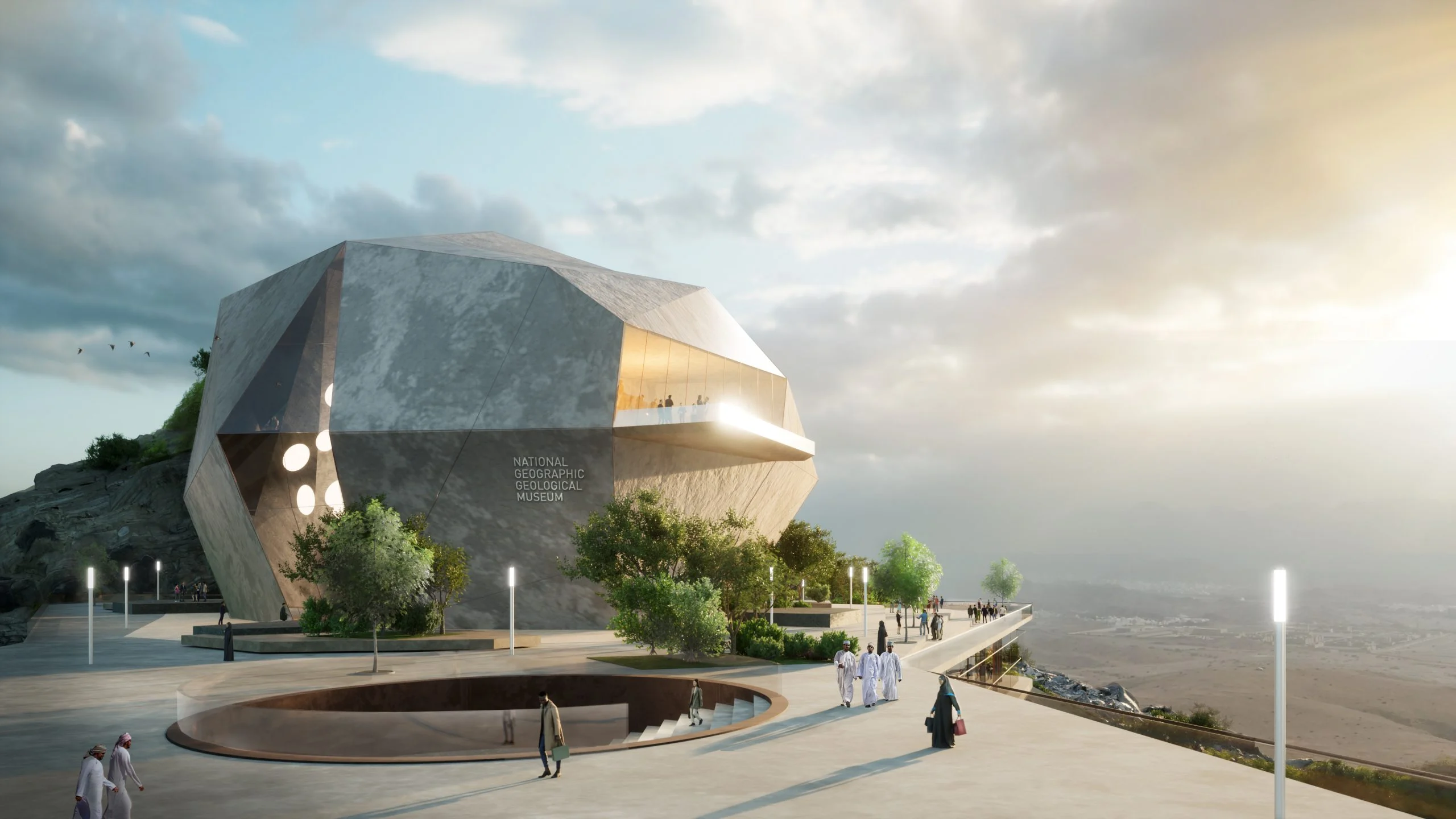 Render dell'edificio sfaccettato del museo e della sua piazza, visitatori lungo il sentiero illuminato in cima alla scogliera – Bausher Heights, Muscat, Oman, 2022 – masterplan, concorso