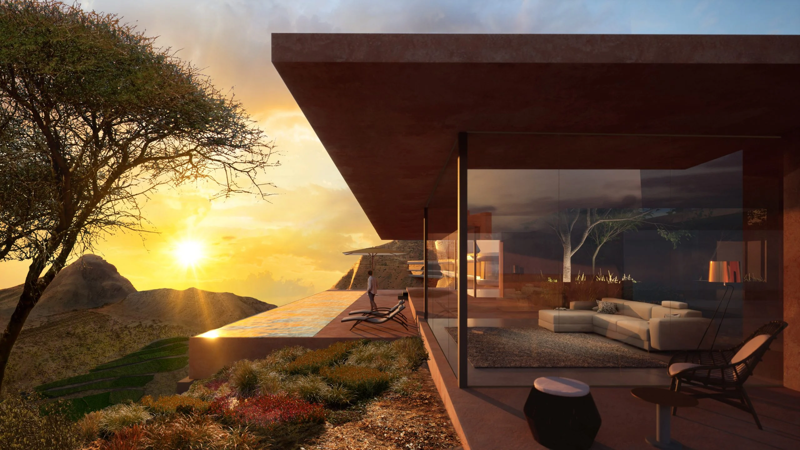 Render di una villa a sbalzo con soggiorno vetrato e terrazza con piscina rivolta al tramonto sulle montagne – Bausher Heights, Muscat, Oman, 2022 – masterplan, concorso
