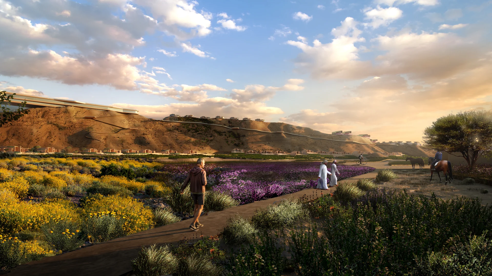 Render di un sentiero tra prati fioriti gialli e viola, un cavaliere a cavallo e colline sullo sfondo – Bausher Heights, Muscat, Oman, 2022 – masterplan, concorso