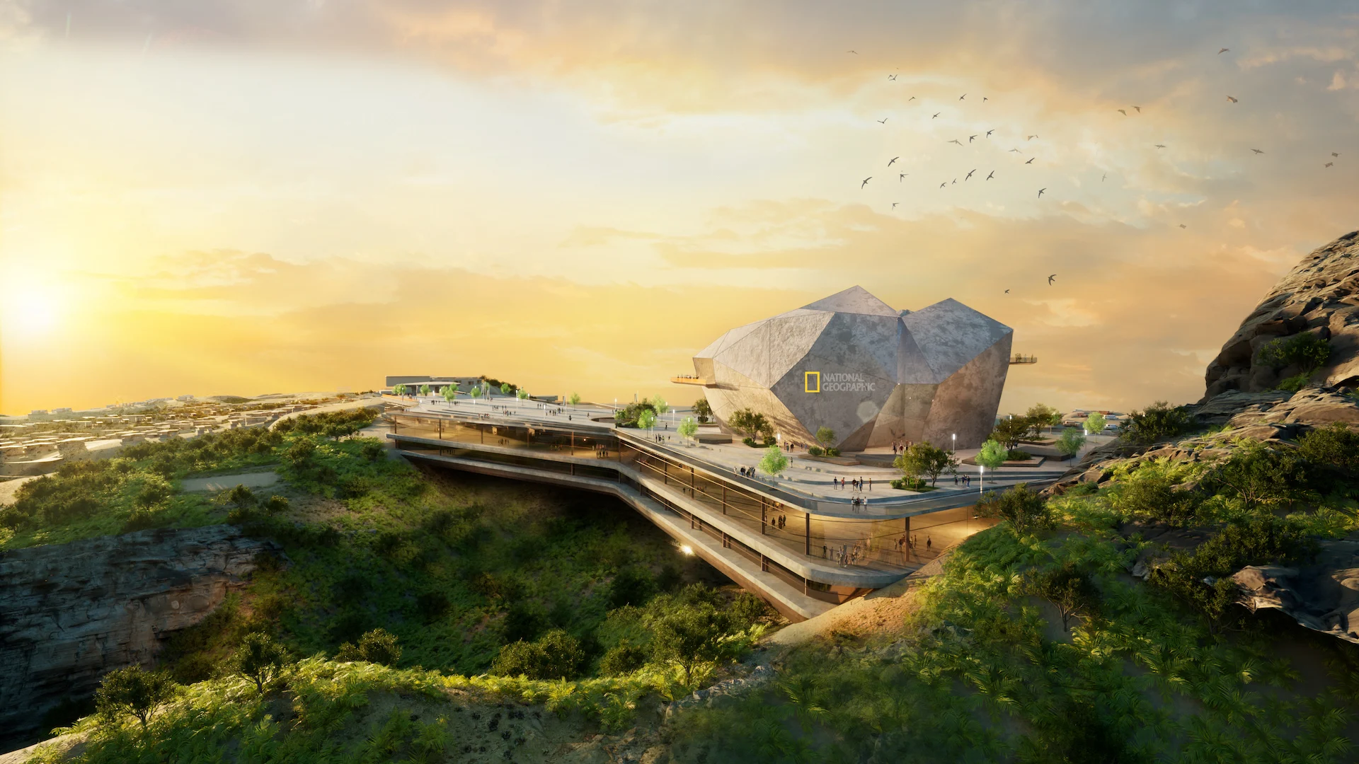 Render del museo National Geographic sfaccettato e rivestito in pietra su una terrazza a strapiombo al tramonto – Bausher Heights, Muscat, Oman, 2022 – masterplan, concorso