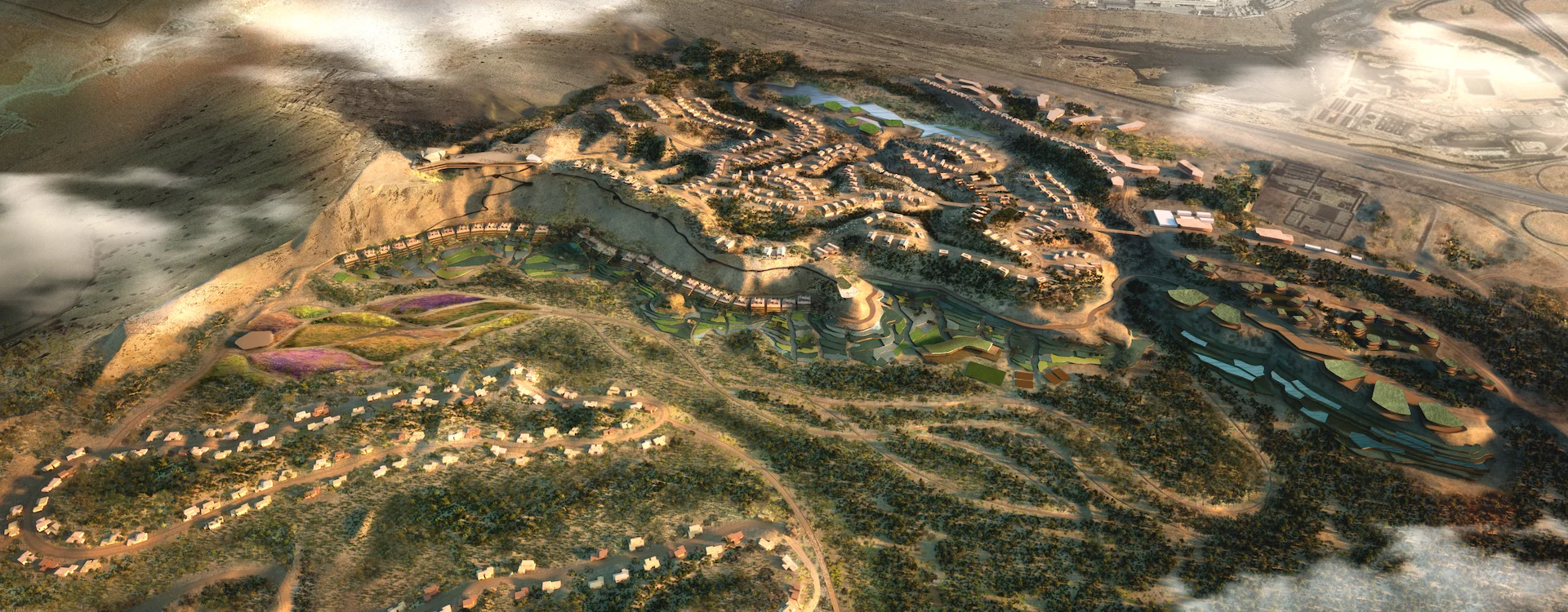 Render aereo del masterplan di Bausher Heights, con nuclei residenziali a terrazze distribuiti sulle colline – Bausher Heights, Muscat, Oman, 2022 – masterplan, concorso