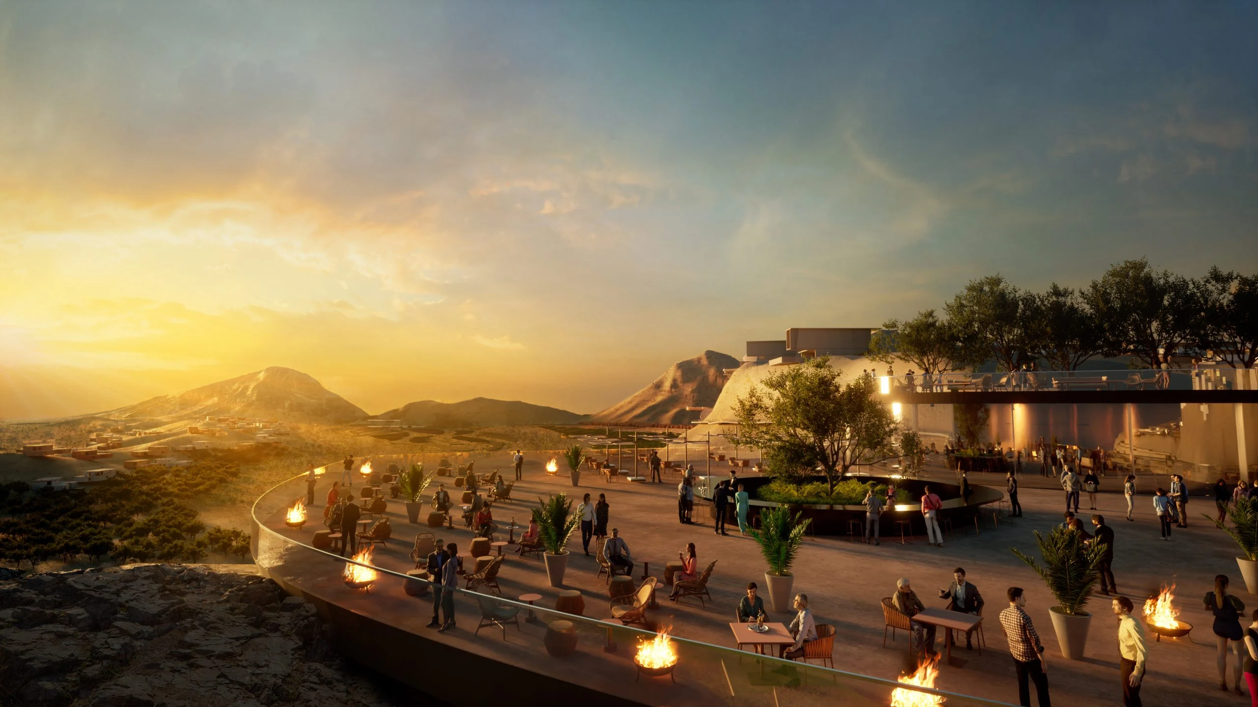 Render di una terrazza panoramica sul tetto con bracieri e ospiti al crepuscolo, montagne all'orizzonte – Bausher Heights, Muscat, Oman, 2022 – masterplan, concorso
