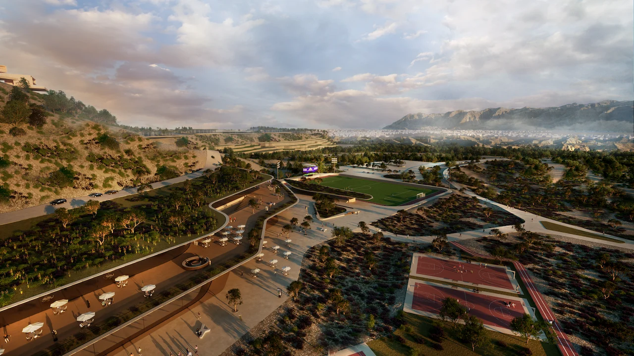 Render aereo del masterplan con campi sportivi, campi da tennis e sentieri sinuosi ai piedi delle montagne – Bausher Heights, Muscat, Oman, 2022 – masterplan, concorso