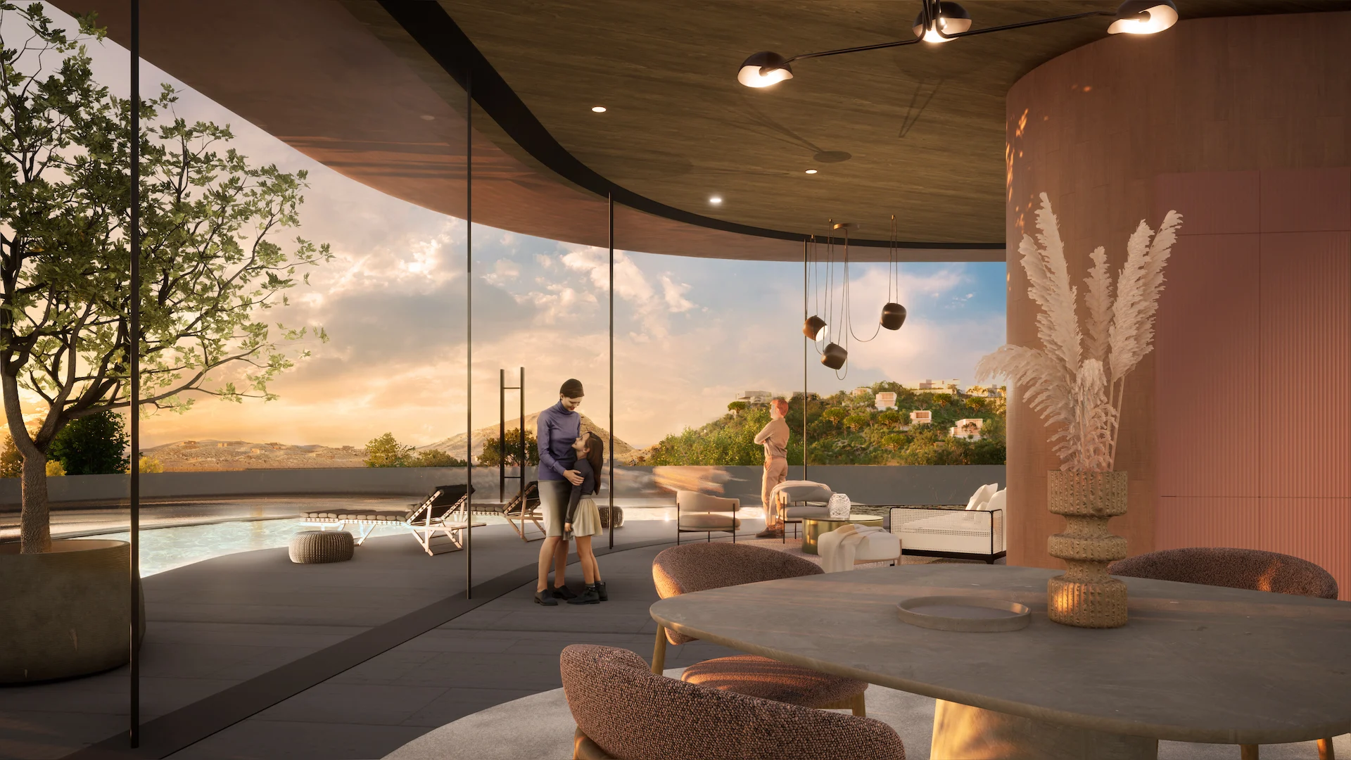 Render di un soggiorno curvo con pareti in vetro aperto su una terrazza con piscina al tramonto – Bausher Heights, Muscat, Oman, 2022 – masterplan, concorso