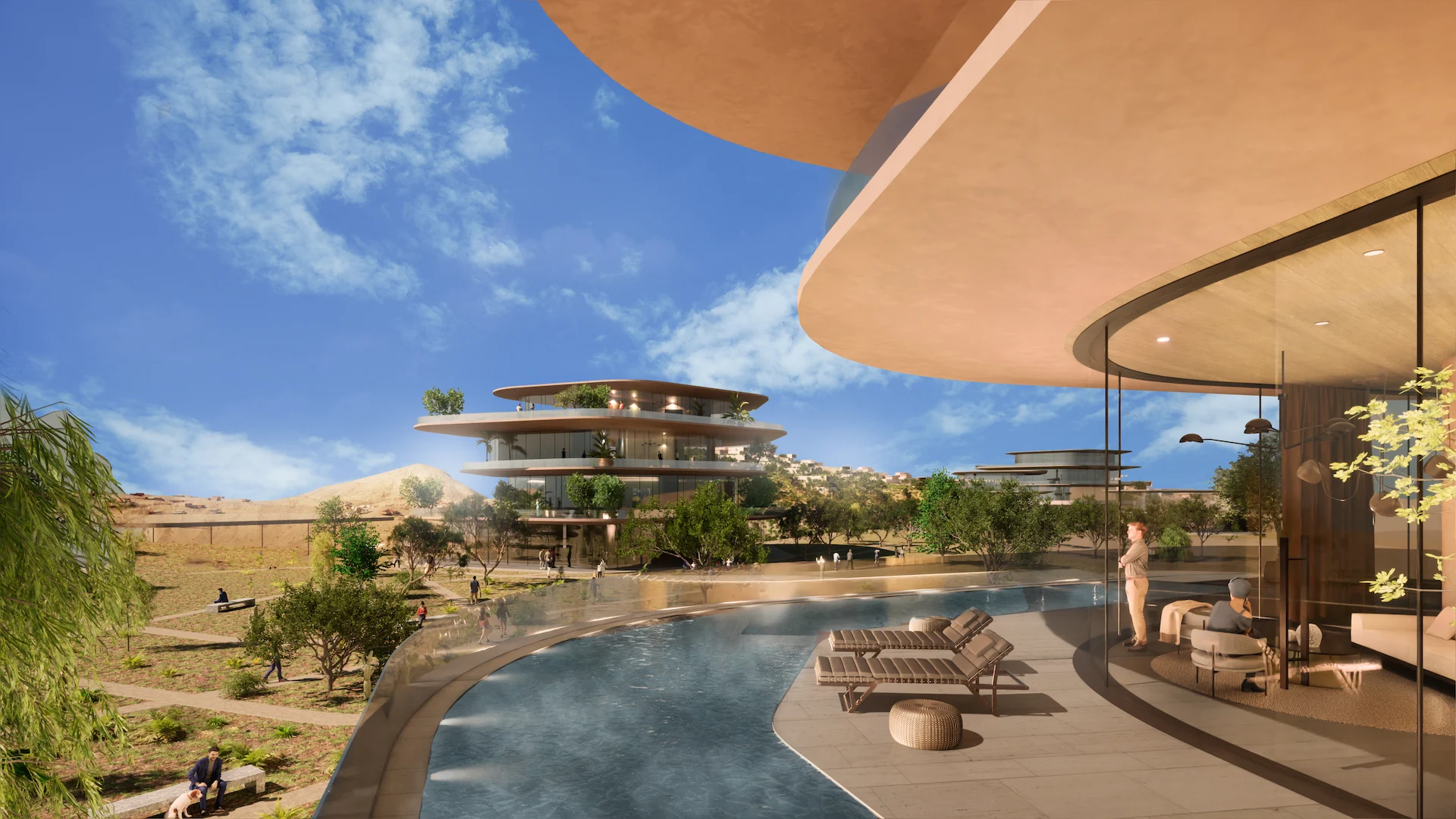 Render di una terrazza curva con piscina a sfioro affacciata su edifici arrotondati su più livelli – Bausher Heights, Muscat, Oman, 2022 – masterplan, concorso