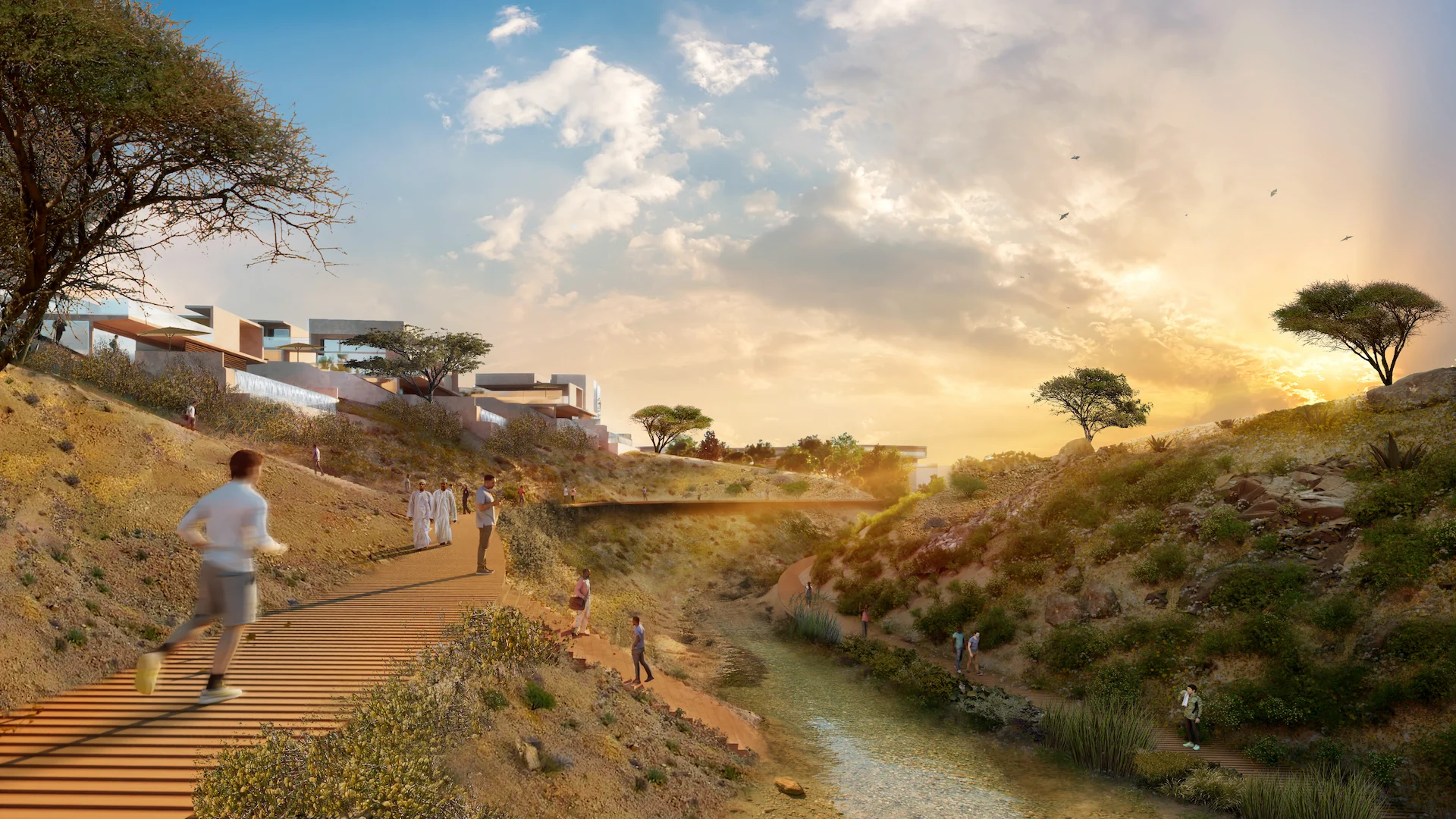 Render di un percorso a gradoni in legno lungo una valle verde con un ruscello, ville a terrazze sul pendio – Bausher Heights, Muscat, Oman, 2022 – masterplan, concorso