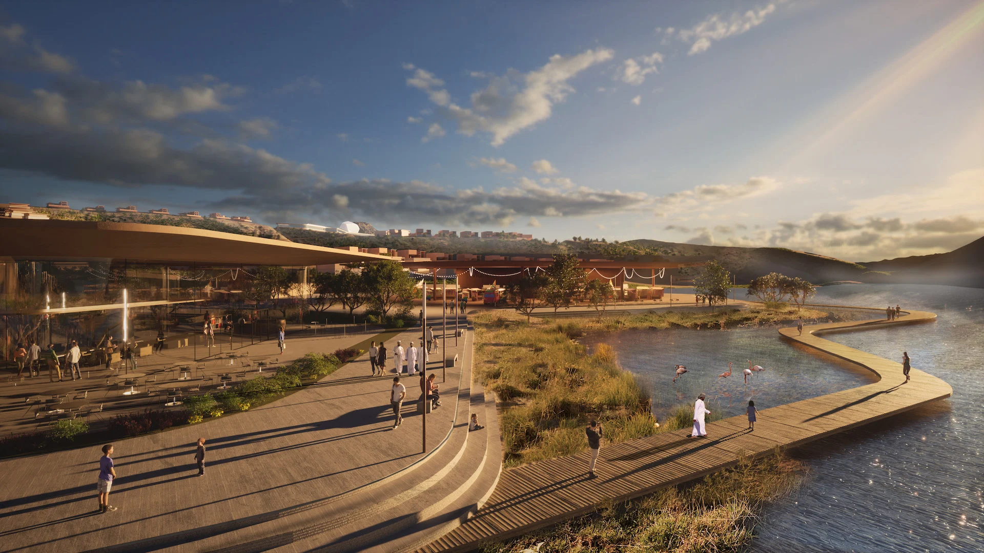 Render di una passeggiata sul lago con pontile in legno e sedute a gradoni al tramonto – Bausher Heights, Muscat, Oman, 2022 – masterplan, concorso