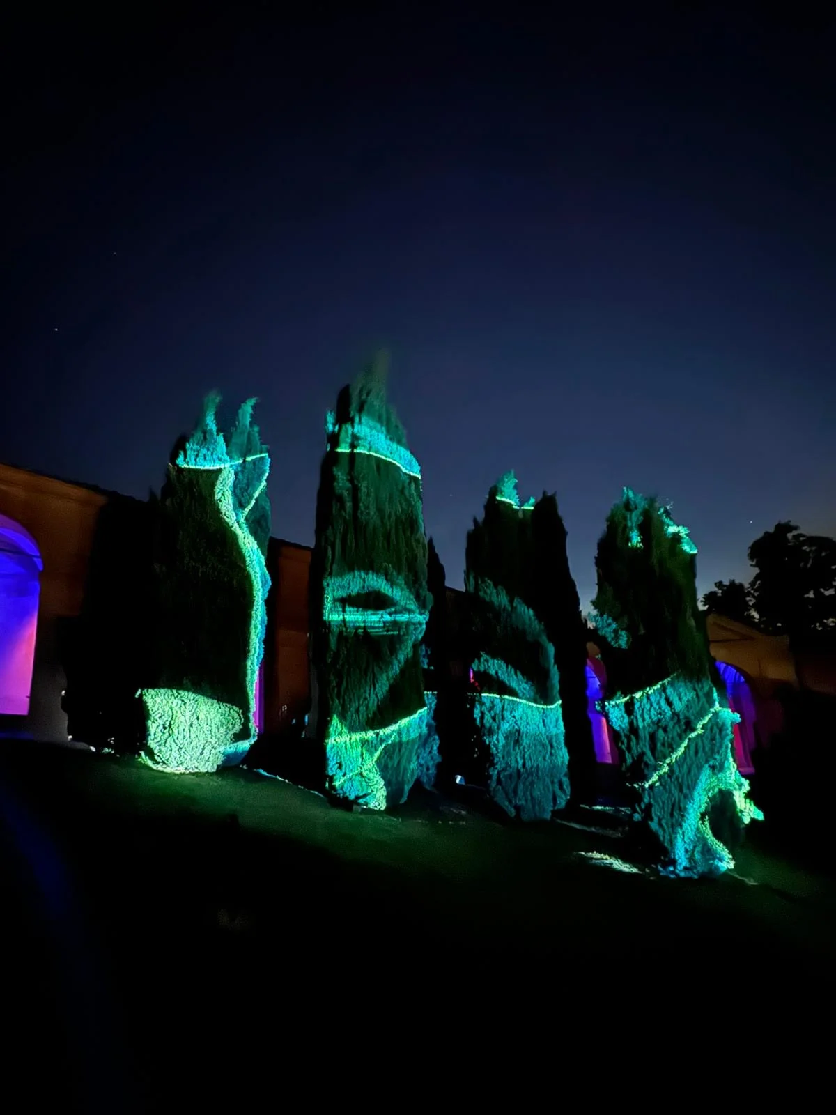 Cipressi con mapping di motivi luminosi turchesi di notte, archi illuminati di viola dietro – Cesare Cremonini Festival dei Portici, Bologna, Italia, 2024 – progettazione di eventi