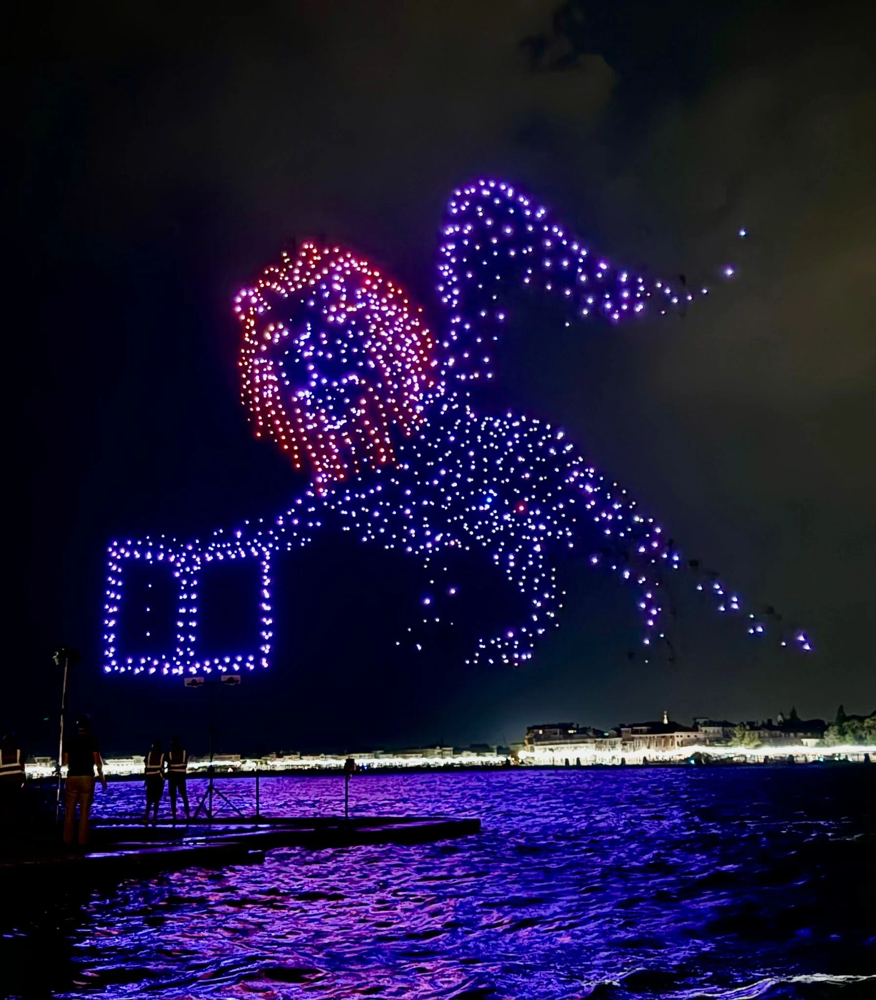 Droni che disegnano il leone alato di Venezia con il libro nel cielo notturno sopra la laguna – Aperol Redentore Drone Show, Venezia, Italia, 2024 – direzione creativa