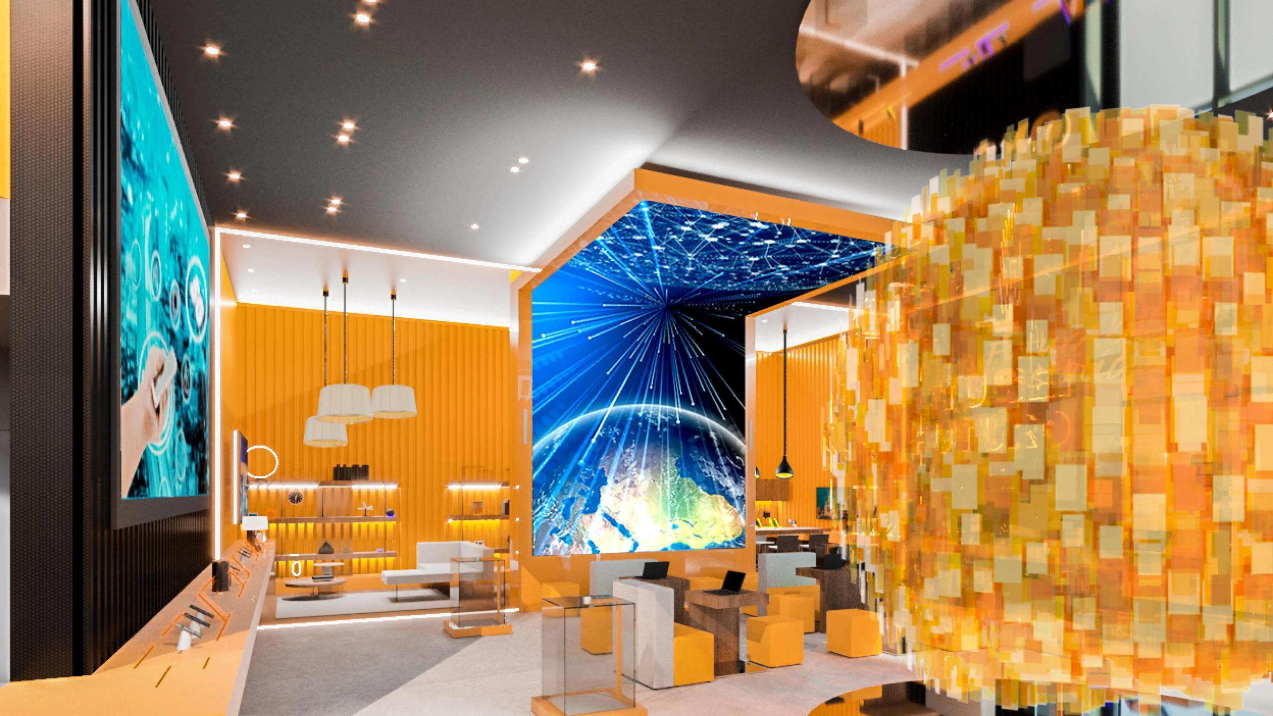 Render della lounge gialla con uno schermo che mostra la Terra, vetrine e la sfera sospesa di tessere – STEP FuturAbility District by Fastweb, Milano, Italia, 2022 – allestimento espositivo
