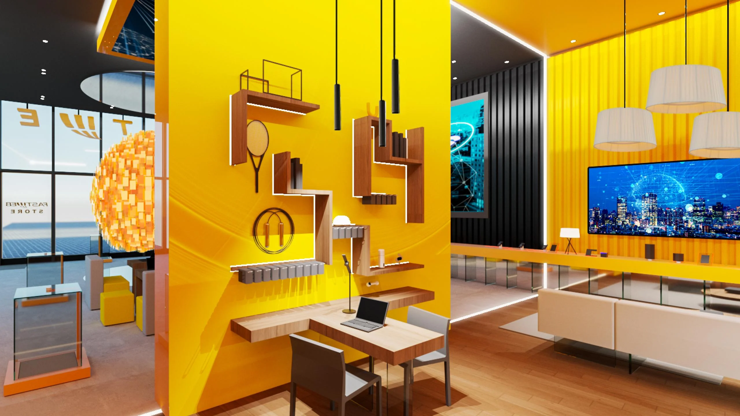 Render di una parete gialla con mensole che formano una scrivania e nicchie espositive, una lounge e uno schermo oltre – STEP FuturAbility District by Fastweb, Milano, Italia, 2022 – allestimento espositivo
