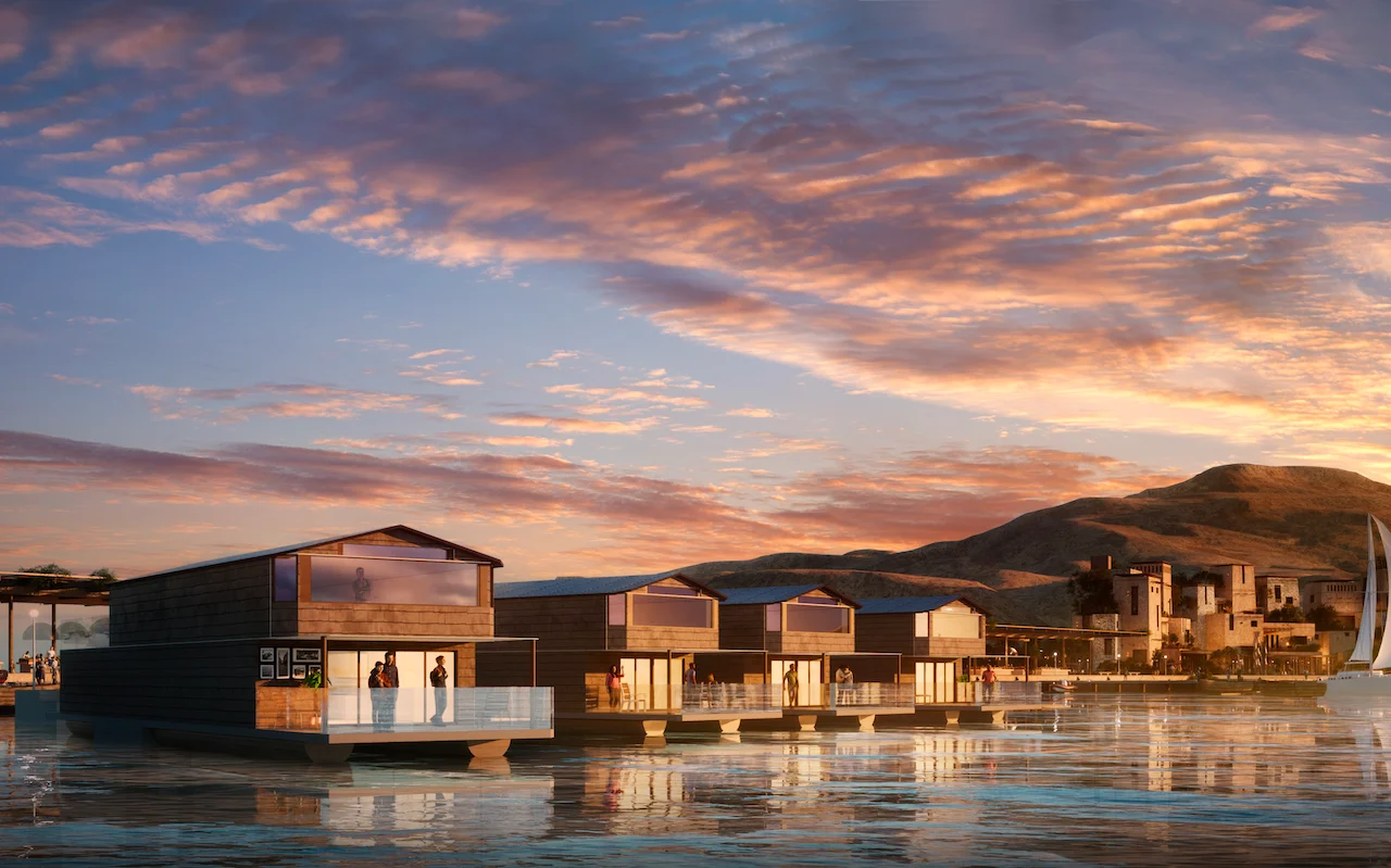 Render di case galleggianti su acque calme al tramonto, il villaggio e le colline dietro – Khor Grama, Oman, 2023 – masterplan