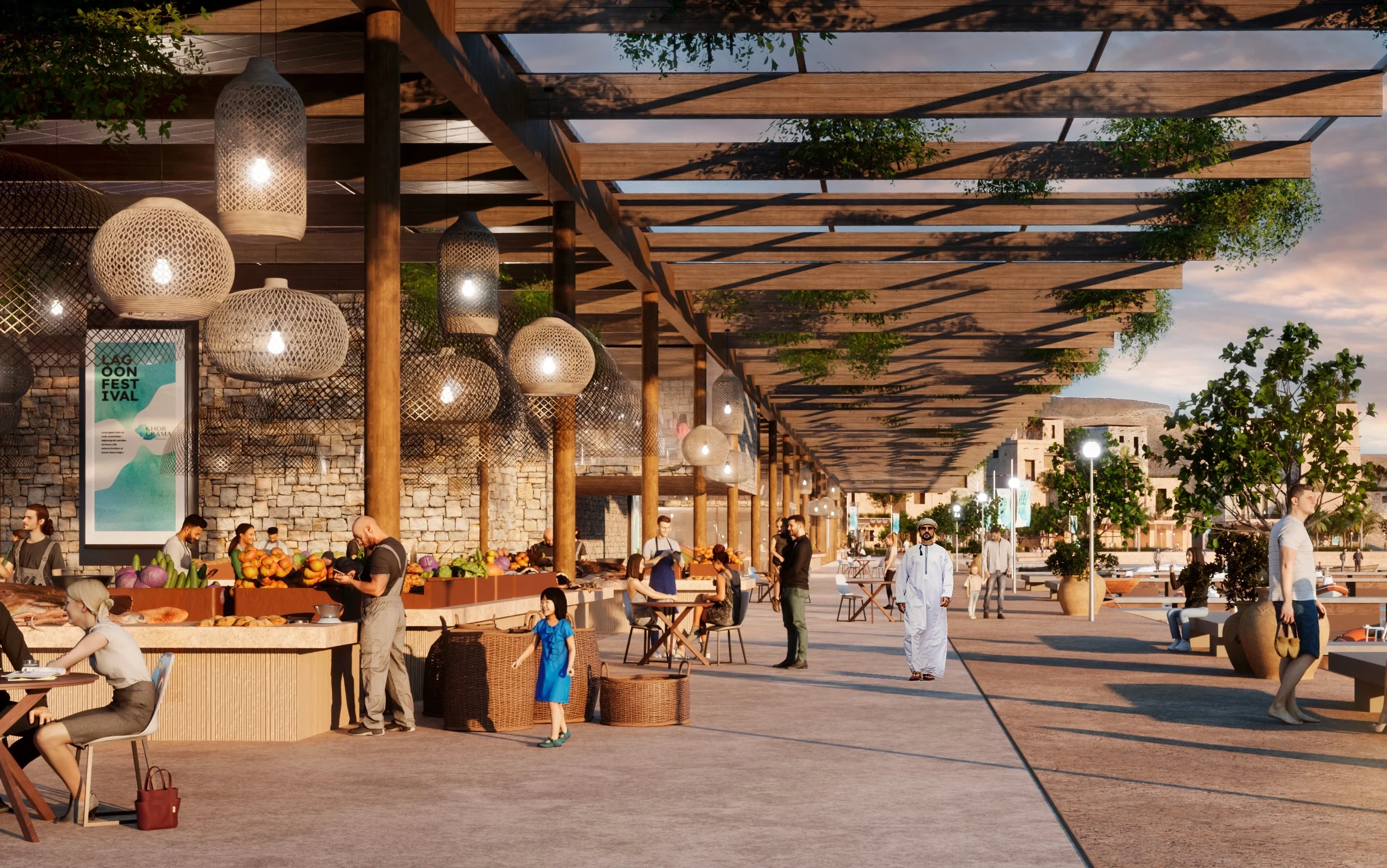 Render del mercato dei pescatori sotto una pergola in legno con lampade a sospensione intrecciate – Khor Grama, Oman, 2023 – masterplan