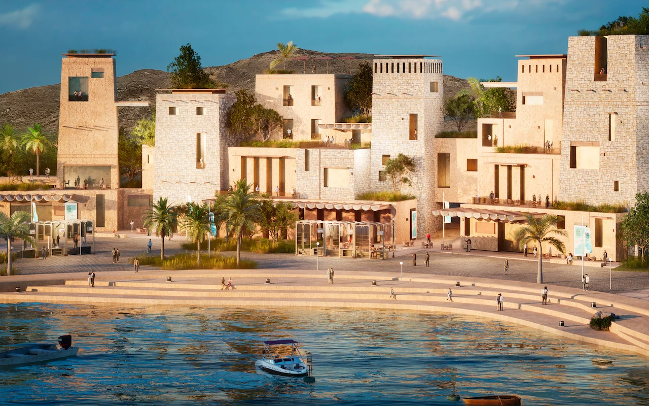 Render del lungomare di Khor Grama: case-torre in pietra, palme e banchine a gradoni sul mare – Khor Grama, Oman, 2023 – masterplan