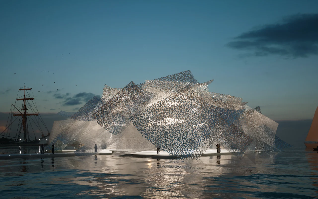 Render del padiglione galleggiante al tramonto: una copertura sfaccettata e forata sopra l'acqua – Khor Grama, Oman, 2023 – masterplan