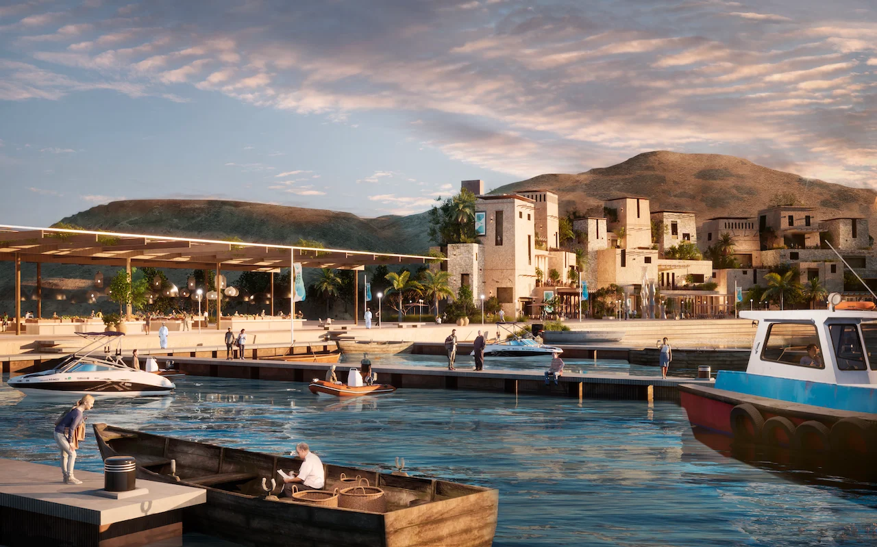 Render del porto con barche ormeggiate e pontili in legno, il villaggio sulle colline dietro – Khor Grama, Oman, 2023 – masterplan