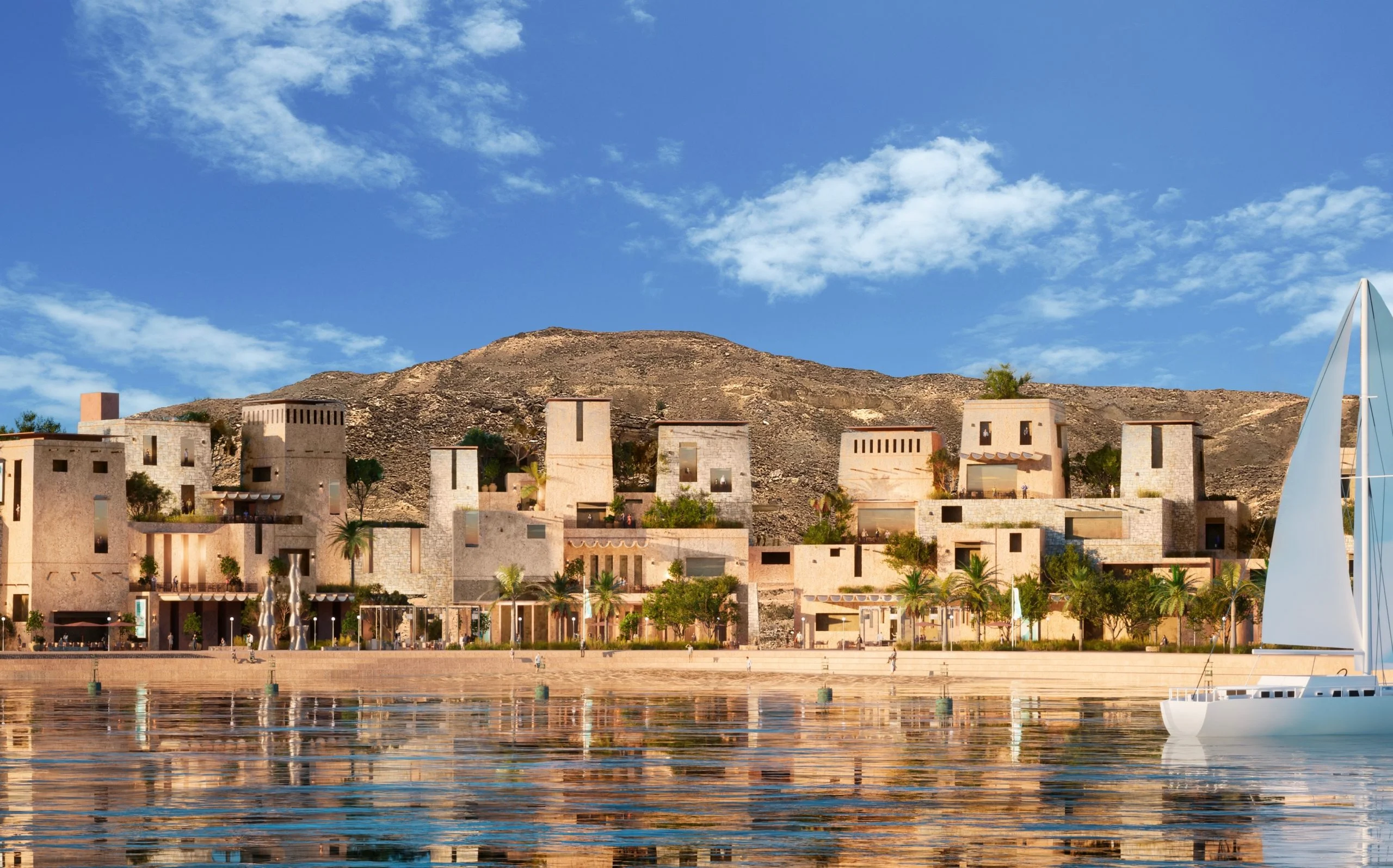 Render del villaggio di Khor Grama oltre la baia sotto un cielo blu, una barca a vela a destra – Khor Grama, Oman, 2023 – masterplan