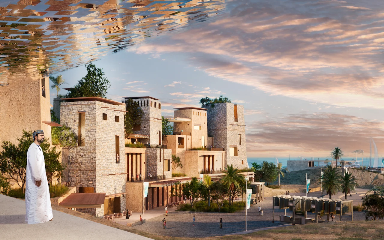 Render di edifici-torre in pietra su un pendio al tramonto, un uomo in dishdasha bianca davanti – Khor Grama, Oman, 2023 – masterplan
