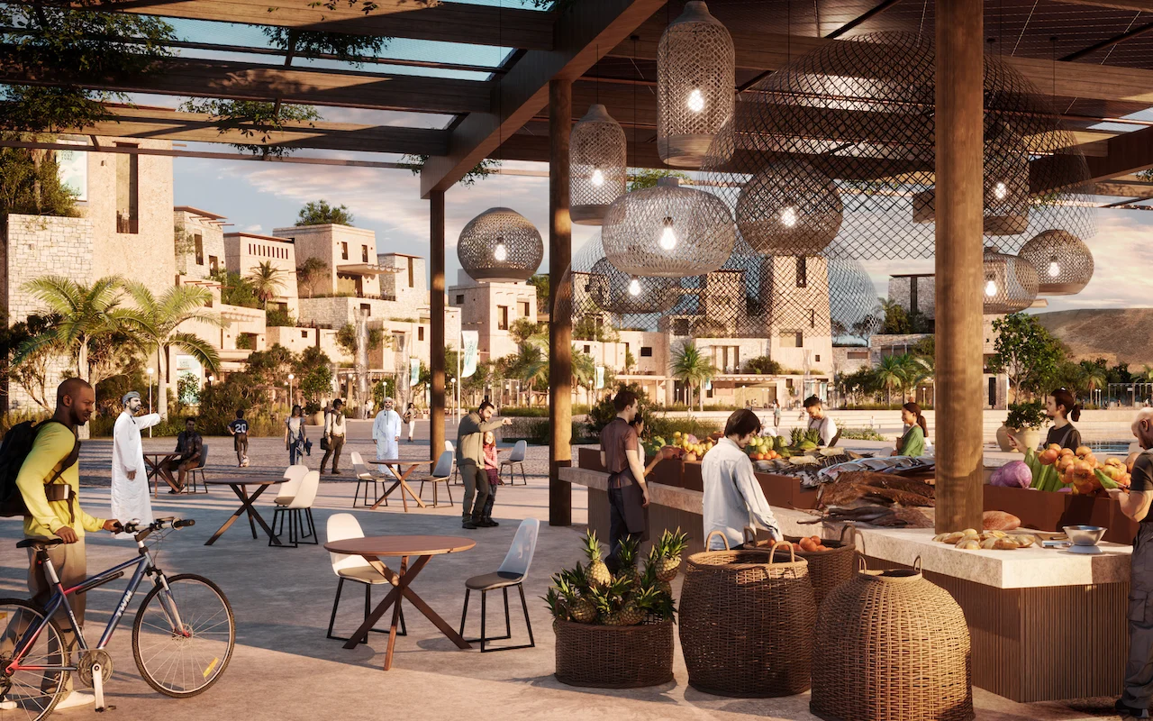 Render dei banchi del mercato con pesce e frutta sotto lampade in rattan, un ciclista e visitatori – Khor Grama, Oman, 2023 – masterplan