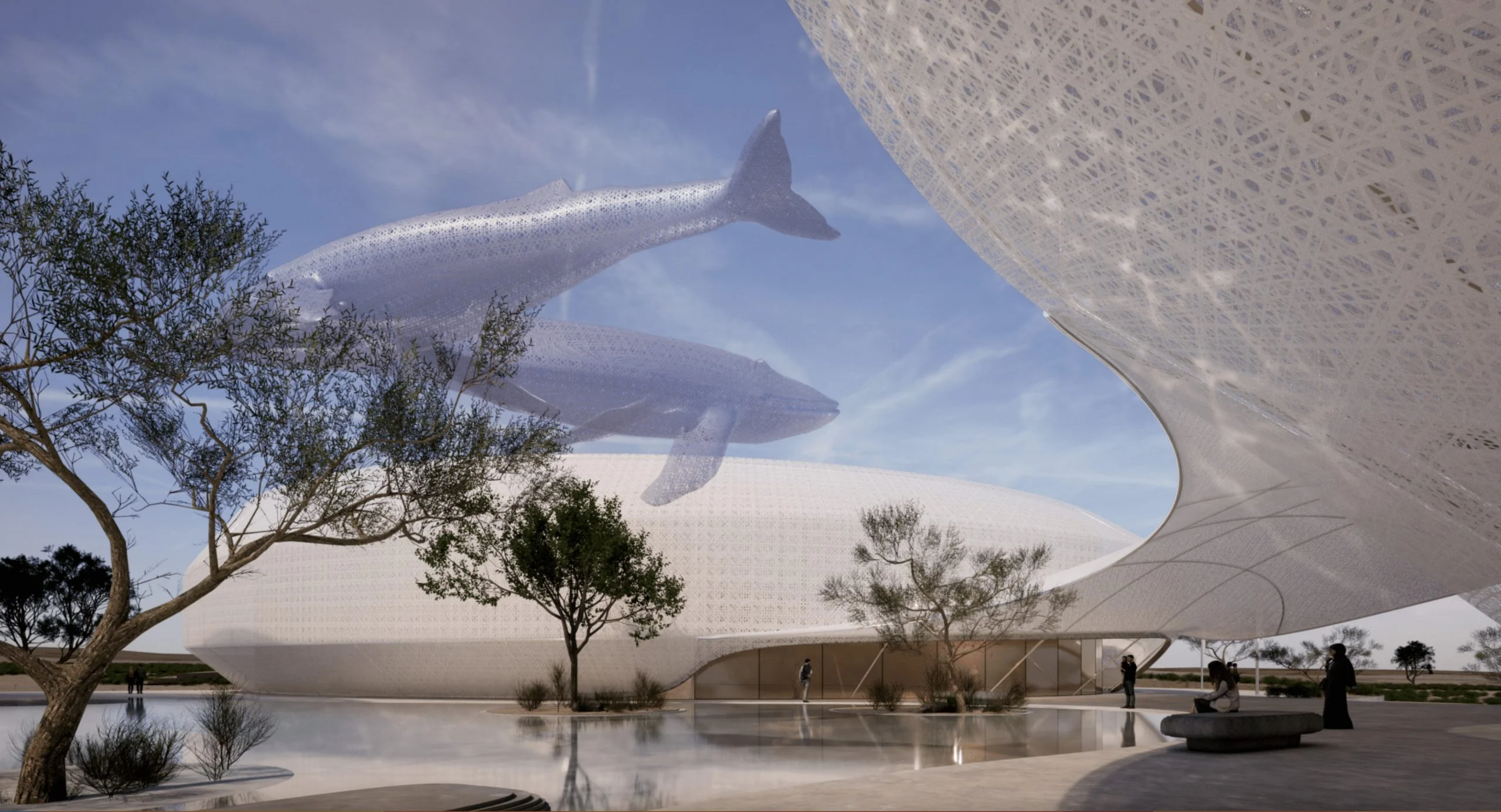 Render di sculture di balene sospese sopra una vasca a specchio tra i gusci bianchi forati – Duqm Exhibition & Convention Center, Oman, 2024 – architettura