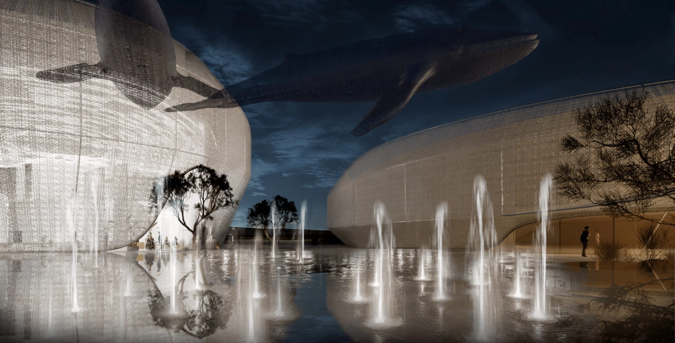 Render notturno di fontane in una vasca a specchio tra gusci in rete illuminati, una scultura di balena sopra – Duqm Exhibition & Convention Center, Oman, 2024 – architettura