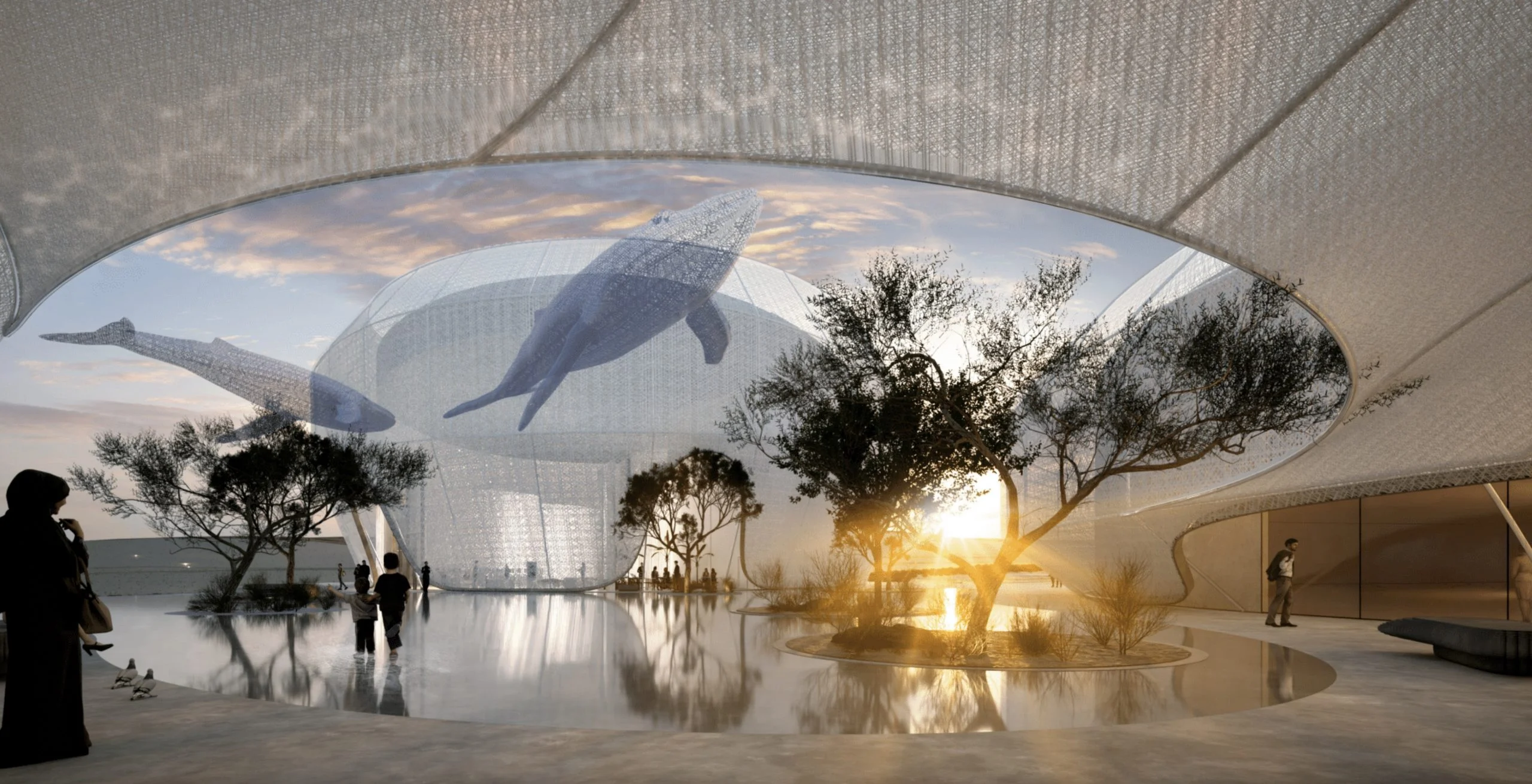 Render di una vasca a specchio e ulivi sotto un'apertura ovale nella copertura, sculture di balene nel cielo – Duqm Exhibition & Convention Center, Oman, 2024 – architettura