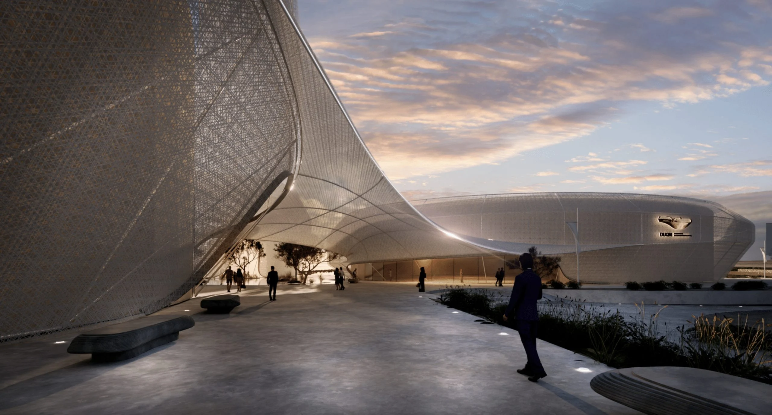Render al tramonto di un percorso sotto un ampio guscio forato curvo, un secondo volume arrotondato oltre – Duqm Exhibition & Convention Center, Oman, 2024 – architettura