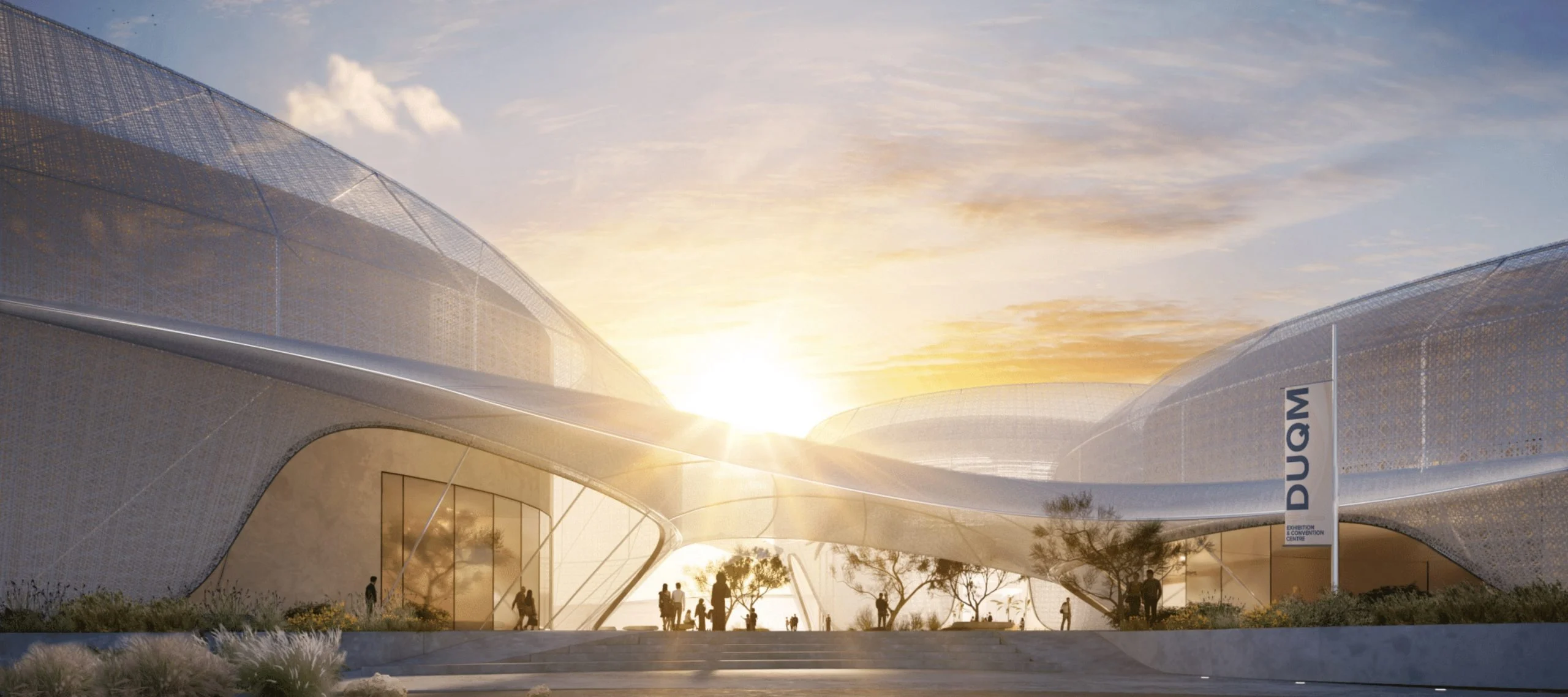 Render dell'ingresso di Duqm al tramonto: gusci curvi in rete bianca, uno striscione DUQM e una hall vetrata – Duqm Exhibition & Convention Center, Oman, 2024 – architettura