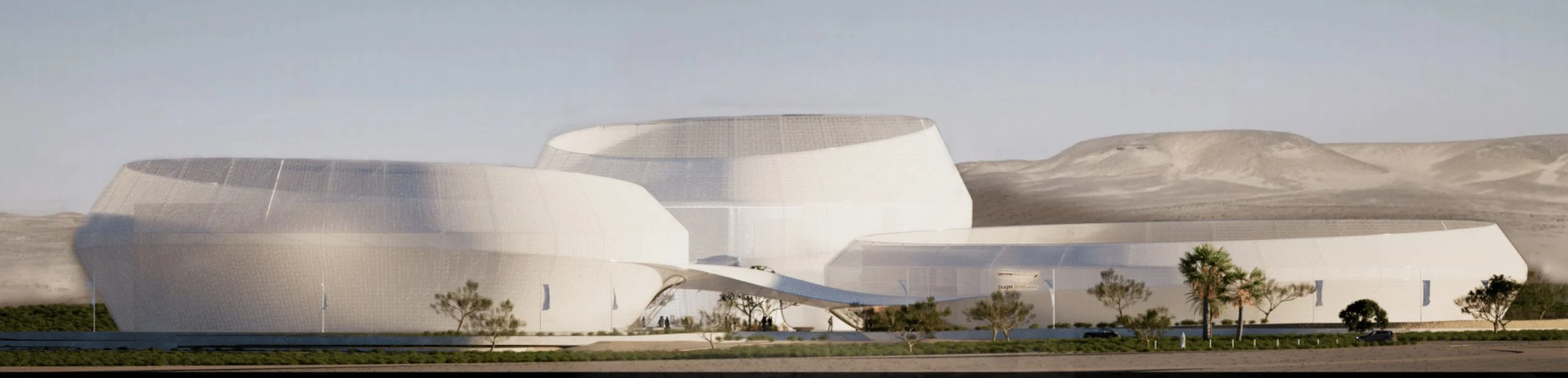Render dei volumi bianchi arrotondati del centro di Duqm visti dalla strada, colline desertiche dietro – Duqm Exhibition & Convention Center, Oman, 2024 – architettura