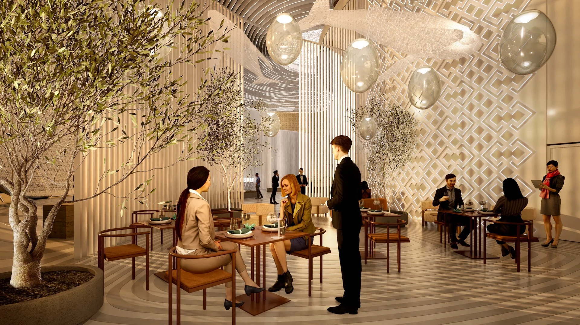 Render di un caffè con ulivi, sedie in legno e lampade a sfera in vetro sotto una parete a graticcio – Duqm Exhibition & Convention Center, Oman, 2024 – architettura