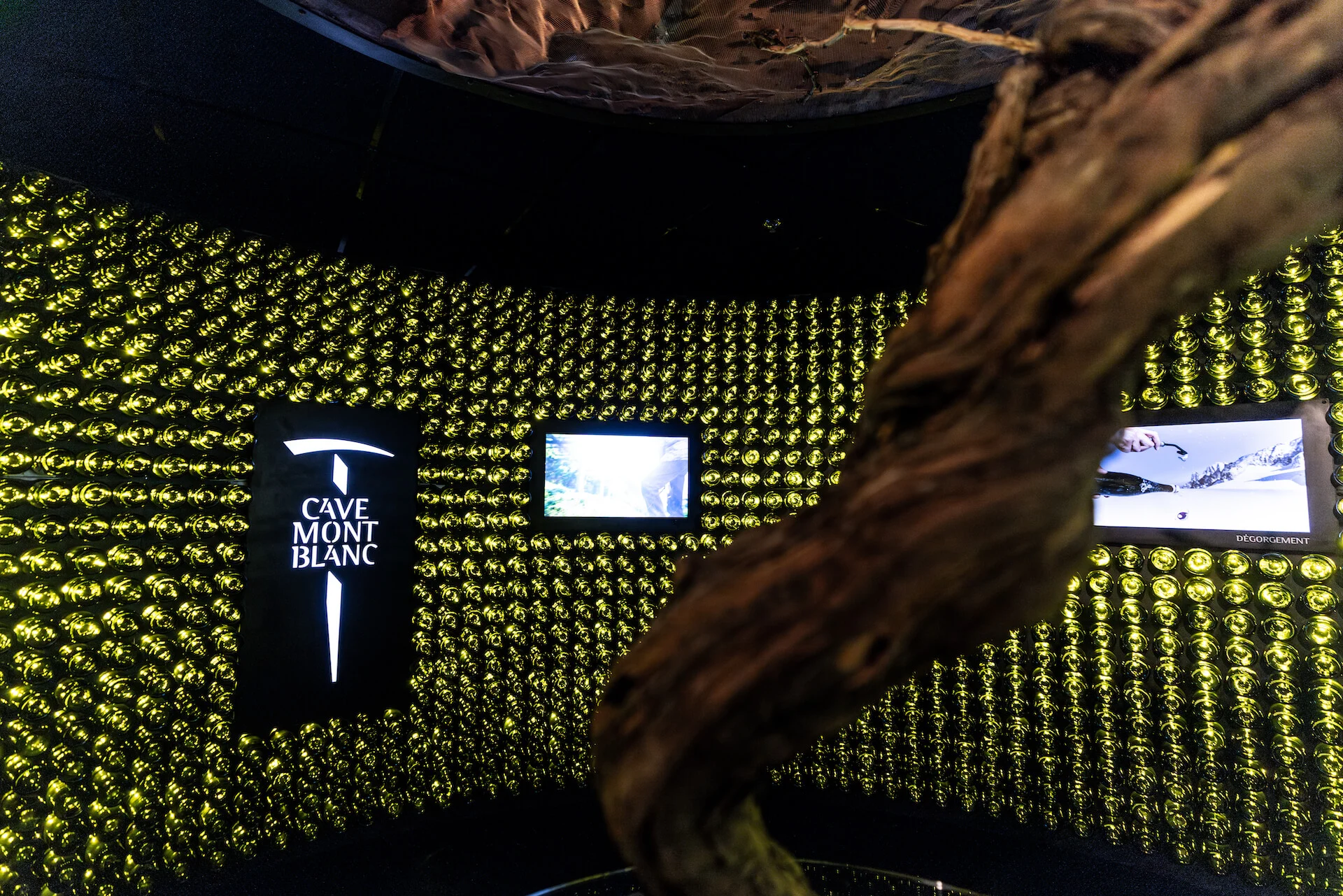 Dettaglio di un tronco di vite contorto davanti alla parete curva di bottiglie con il logo Cave Mont Blanc e schermi – Cave Mont Blanc allo Skyway, Courmayeur, Italia, 2025 – interior design e allestimento espositivo