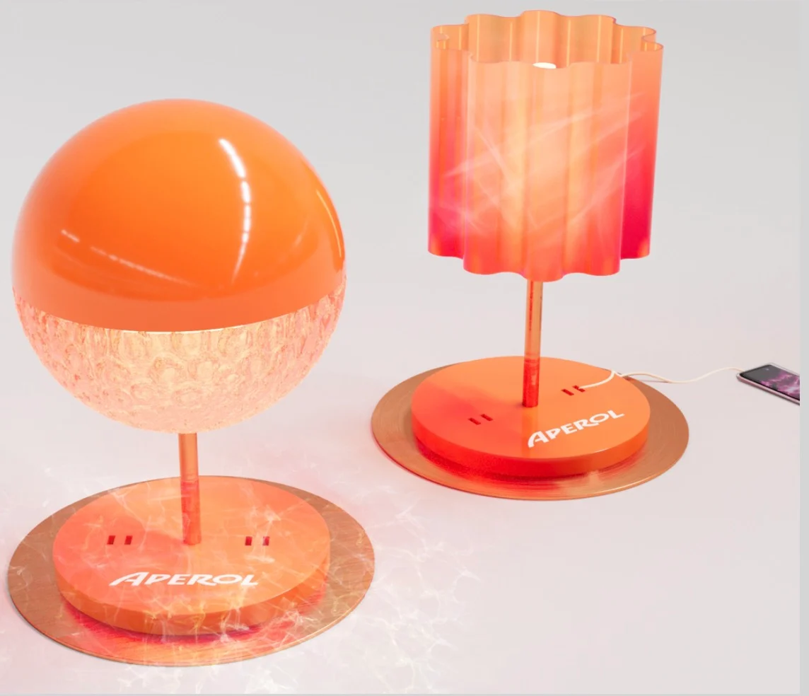 Render di due lampade da tavolo Aperol, una a sfera e una con paralume plissettato, con basi di ricarica – Aperol Tool Kit, 2023 – design di prodotto